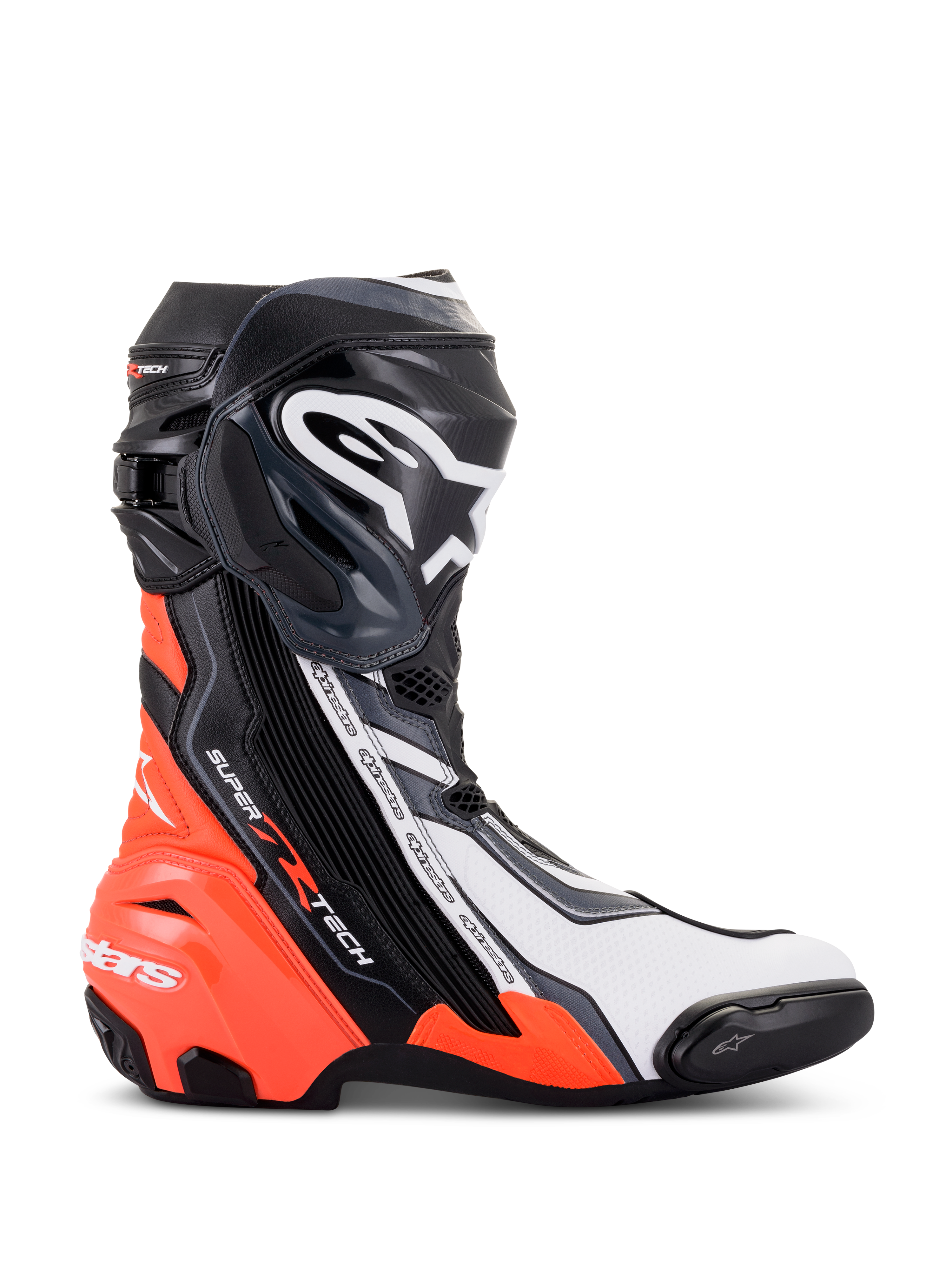 Buty Alpinestars Supertech R, wyczynowe obuwie motocyklowe wyścigowe, czarne, czerwone fluo, białe i szare, widok z profilu prezentujący ochraniacz piszczeli TPU i slider palców, aerodynamiczny design z wyraźnym logo, do użytku na torze i drodze.