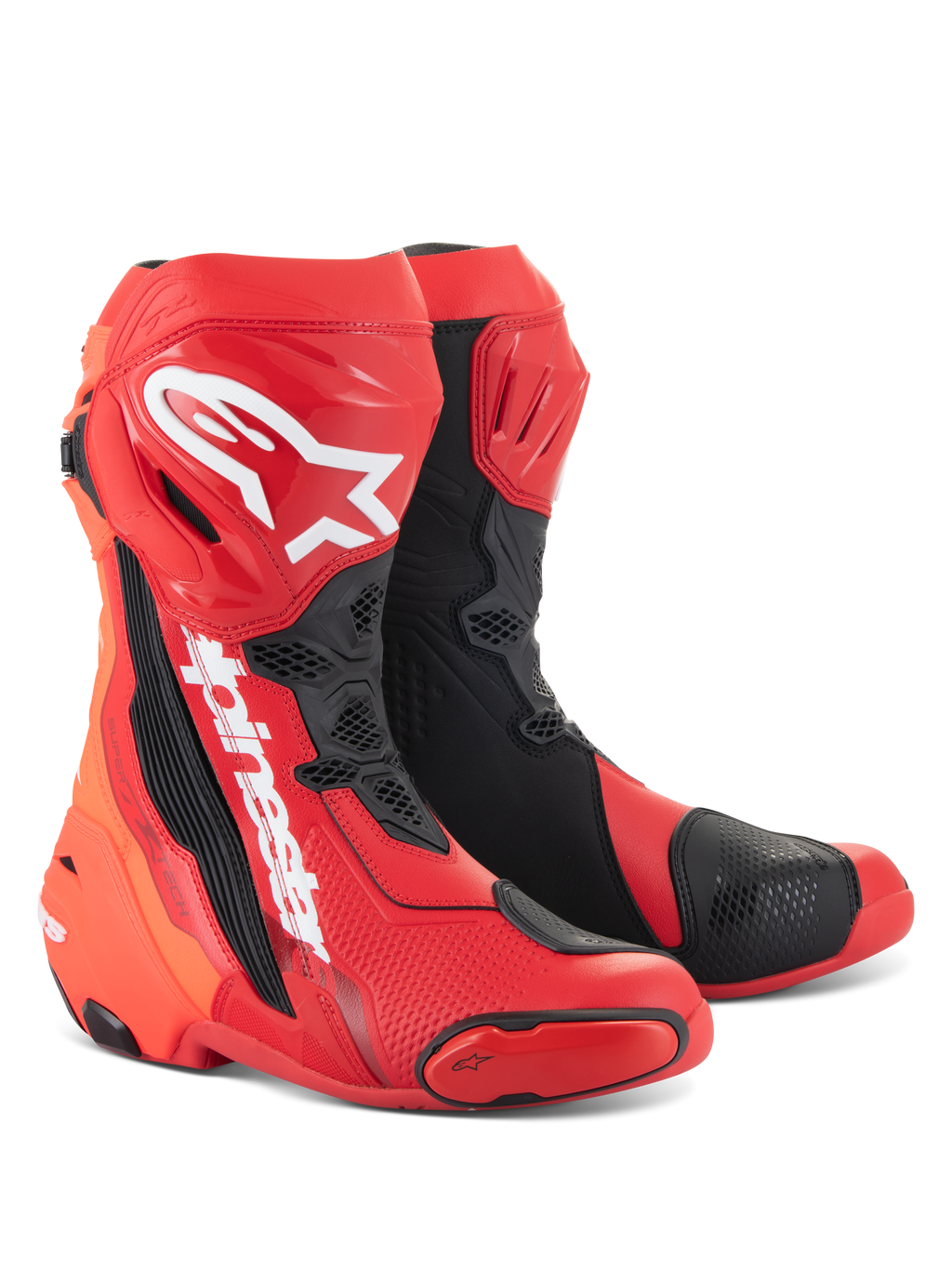 Buty Alpinestars Supertech R, motocyklowe buty wyścigowe, jaskrawoczerwone i czerwone fluo z czarnymi i białymi akcentami, białe logo Alpinestars na goleni, wzmocnione płyty ochronne i wymienne slidery palców, wyczynowe obuwie sportowe i wyścigowe