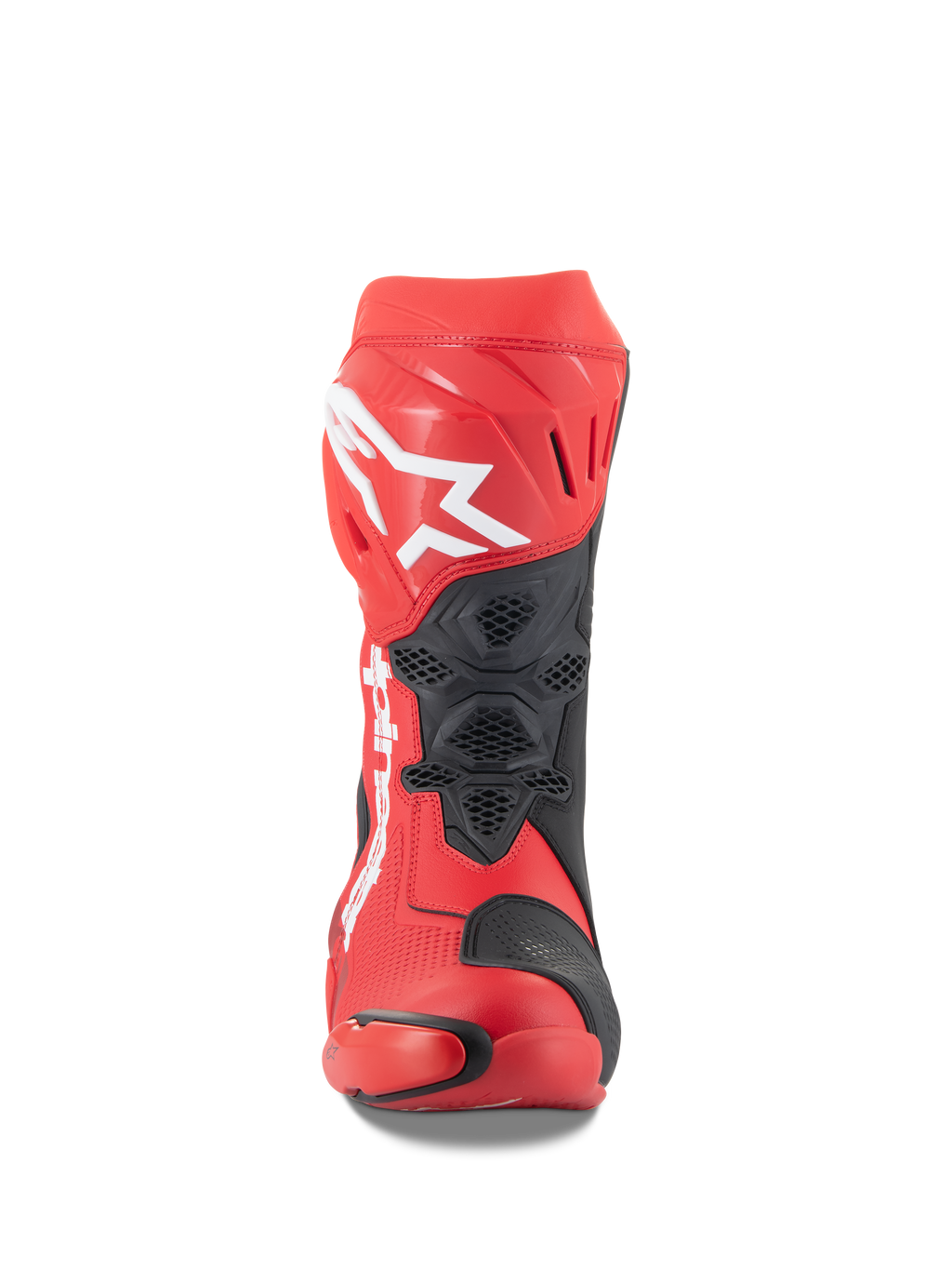 Buty Alpinestars Supertech R, jasnoczerwone i czerwone fluo, widok z przodu z dużym białym logo Astars na nagolenniku, czarne siatkowe panele wentylacyjne, techniczny design wyścigowy do jazdy na torze