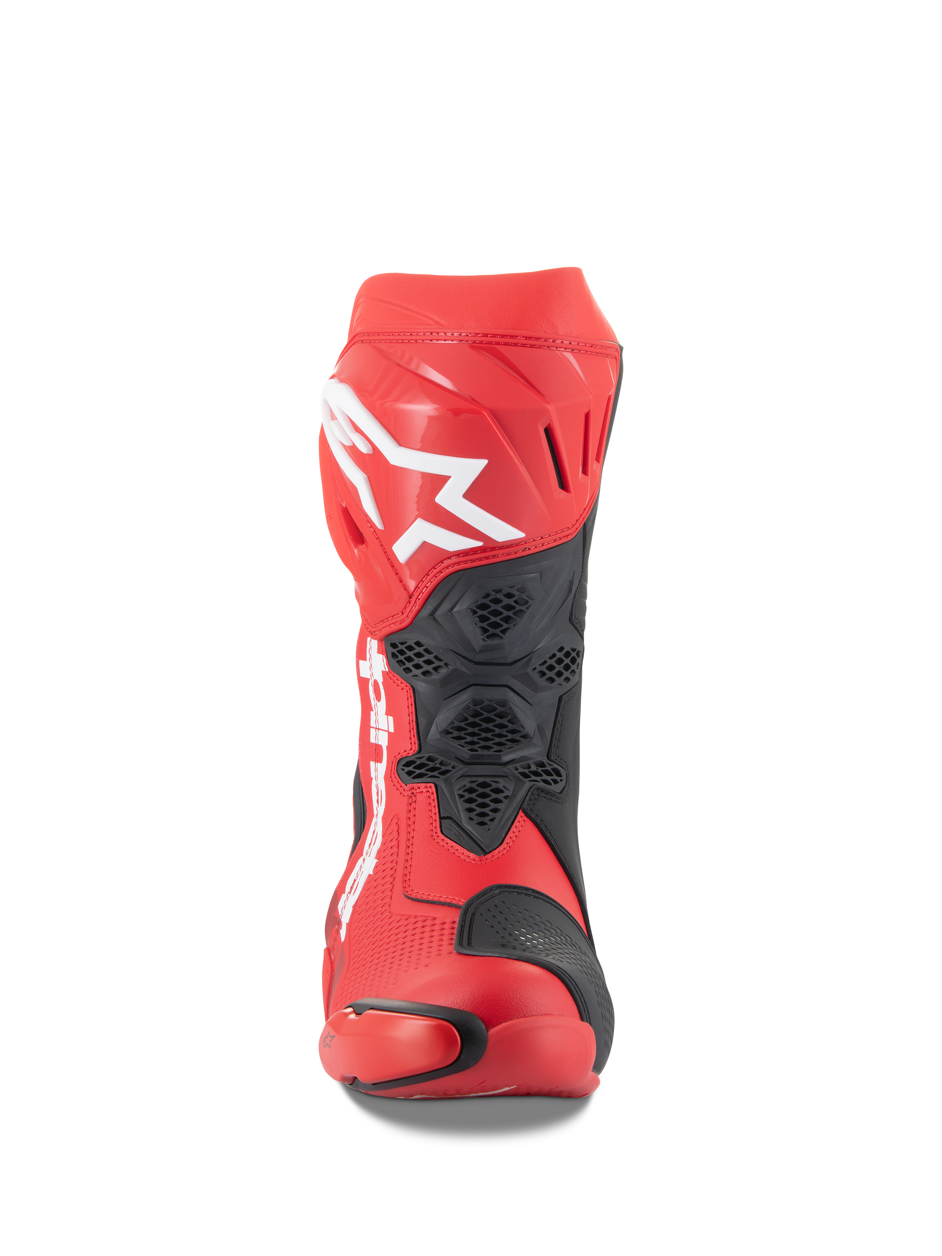 Buty Alpinestars Supertech R, jasnoczerwone i czerwone fluo, widok z przodu z dużym białym logo Astars na nagolenniku, czarne siatkowe panele wentylacyjne, techniczny design wyścigowy do jazdy na torze