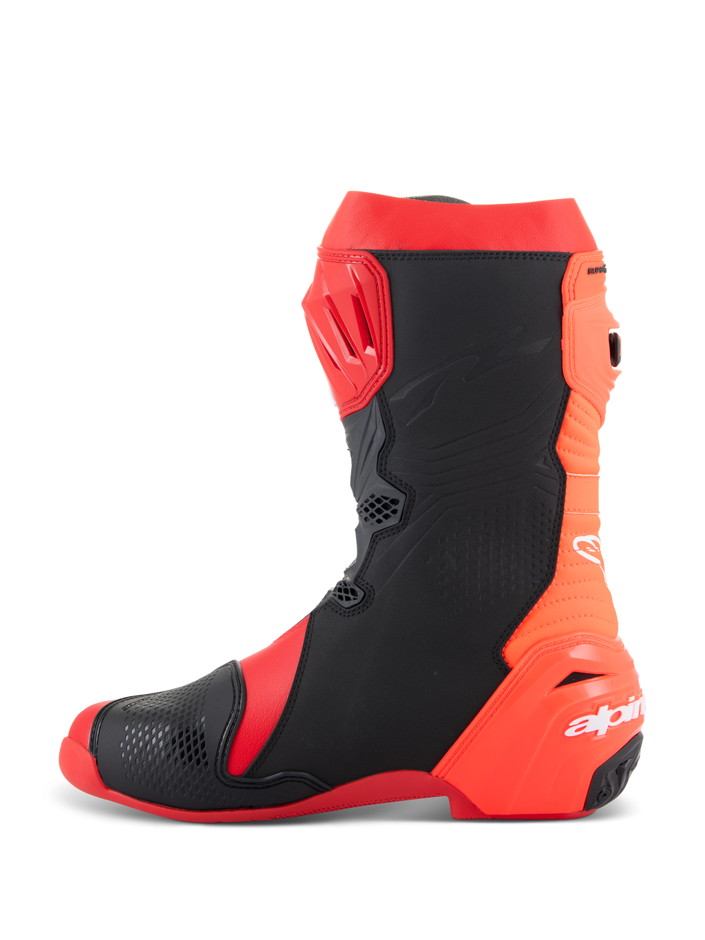 Alpinestars Supertech R Boots, profesjonalne buty motocyklowe wyścigowe, jasnoczerwone i czerwone fluo z czarnymi panelami, widok z profilu ukazujący płytę goleniową TPU, elastyczny tylny panel o strukturze harmonijki oraz białe logo Alpinestars na pięcie