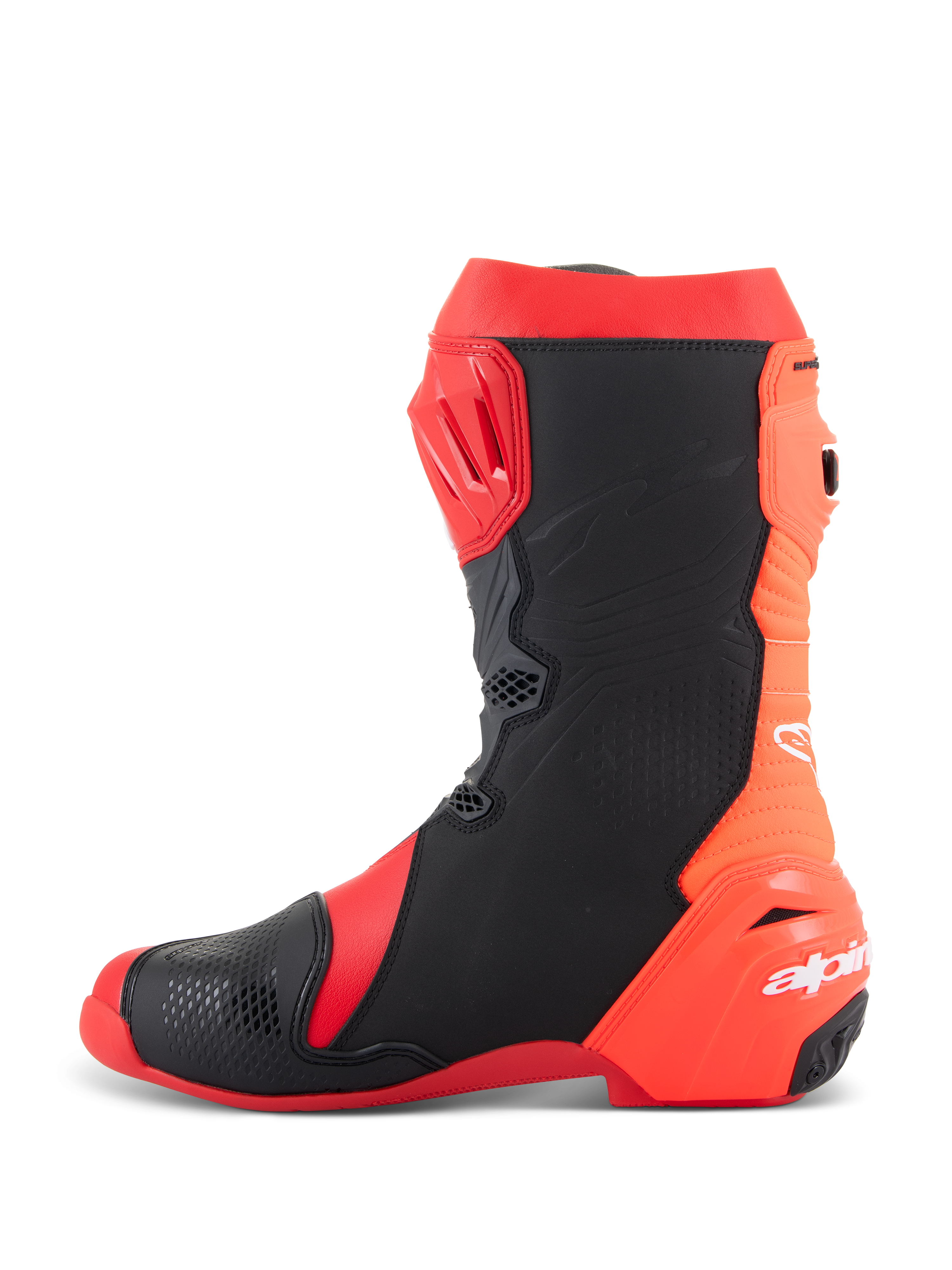 Alpinestars Supertech R Boots, profesjonalne buty motocyklowe wyścigowe, jasnoczerwone i czerwone fluo z czarnymi panelami, widok z profilu ukazujący płytę goleniową TPU, elastyczny tylny panel o strukturze harmonijki oraz białe logo Alpinestars na pięcie