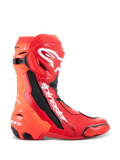 Buty Alpinestars Supertech R, buty motocyklowe wyścigowe, jaskrawoczerwone i Red Fluo, wysokowydajna konstrukcja torowa z płytą goleniową TPU, wymiennym suwakiem palców i białym logo Alpinestars, widok z boku