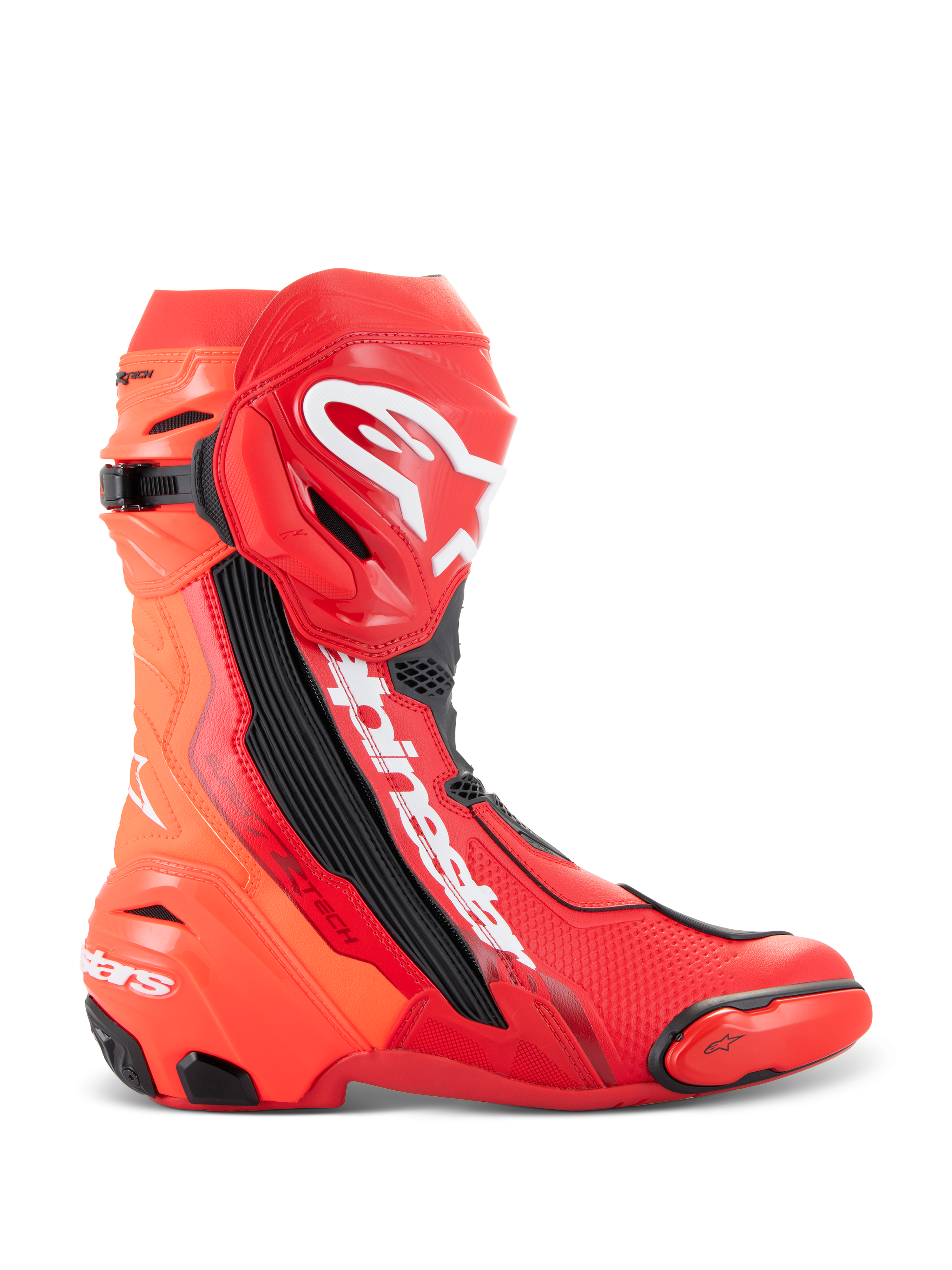 Buty Alpinestars Supertech R, buty motocyklowe wyścigowe, jaskrawoczerwone i Red Fluo, wysokowydajna konstrukcja torowa z płytą goleniową TPU, wymiennym suwakiem palców i białym logo Alpinestars, widok z boku