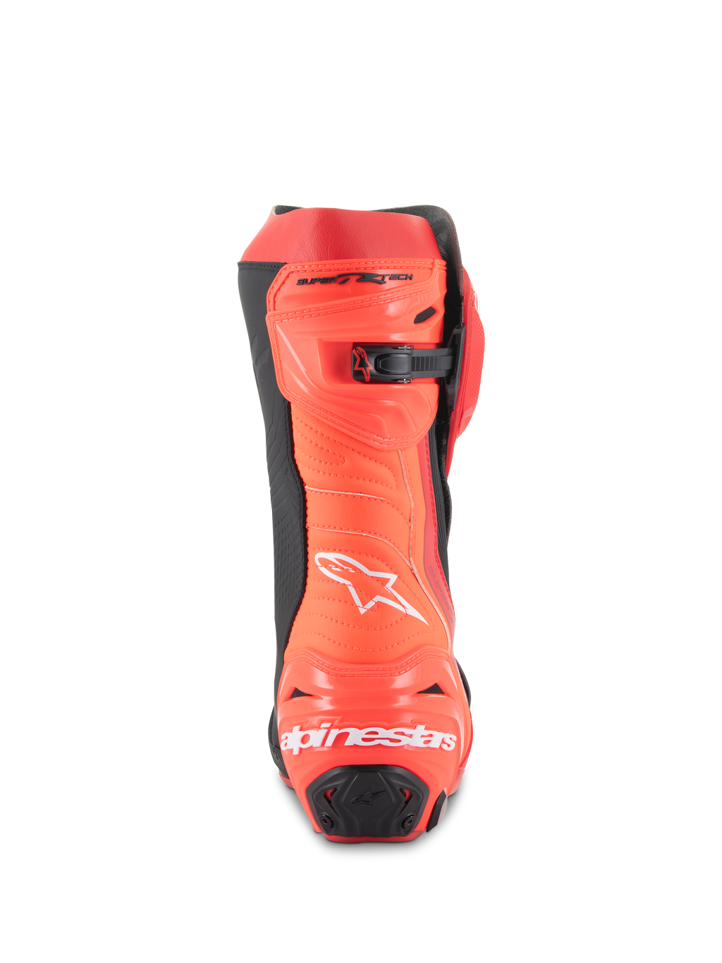 Alpinestars Supertech R Boots, motocyklowe buty wyścigowe, jasnoczerwone i czerwone fluo, widok z tyłu przedstawiający ochraniacz pięty z białym logo, czarne akcenty oraz mikroregulowane zapięcie z grzechotką na łydce.