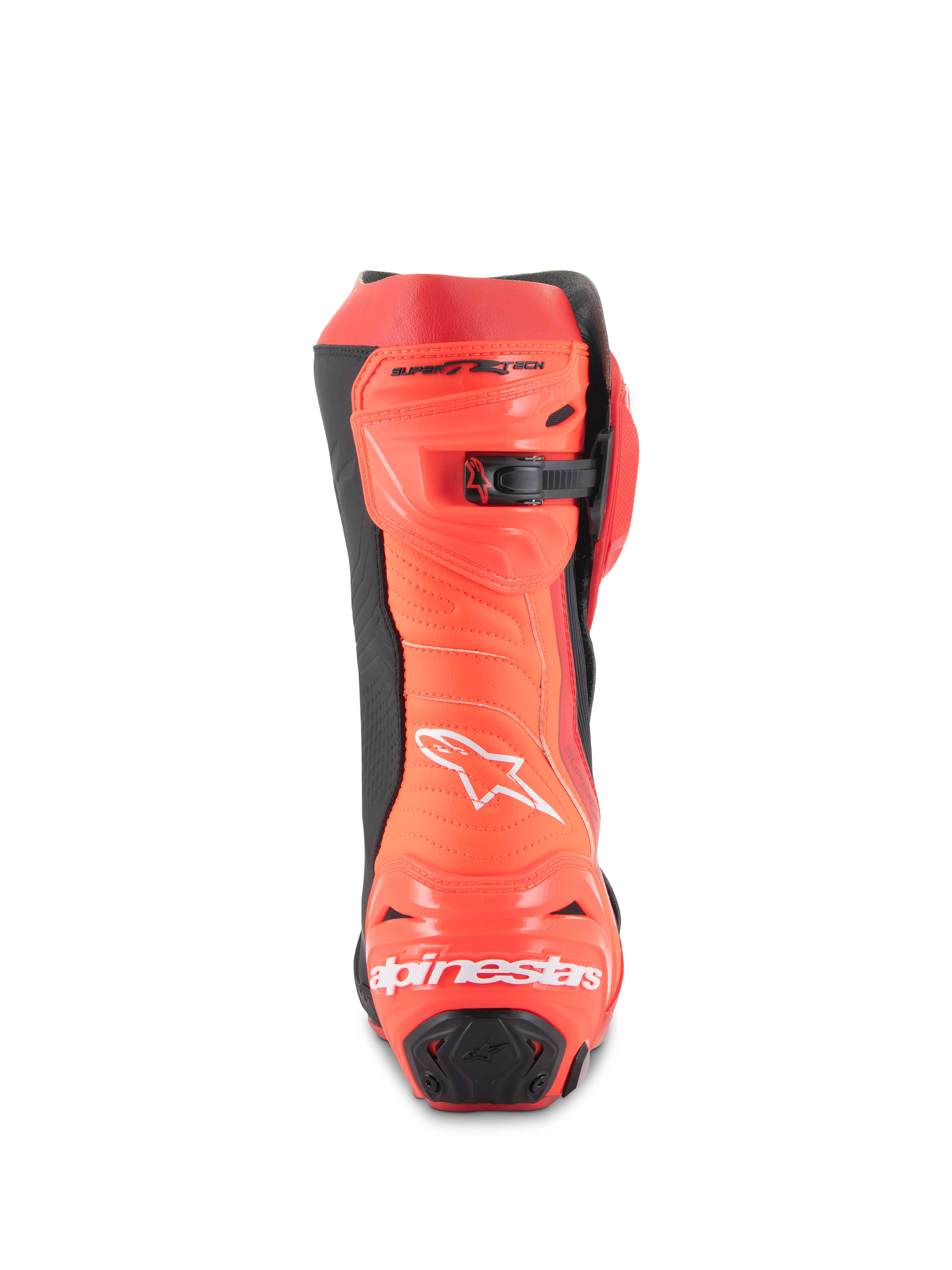 Alpinestars Supertech R Boots, motocyklowe buty wyścigowe, jasnoczerwone i czerwone fluo, widok z tyłu przedstawiający ochraniacz pięty z białym logo, czarne akcenty oraz mikroregulowane zapięcie z grzechotką na łydce.