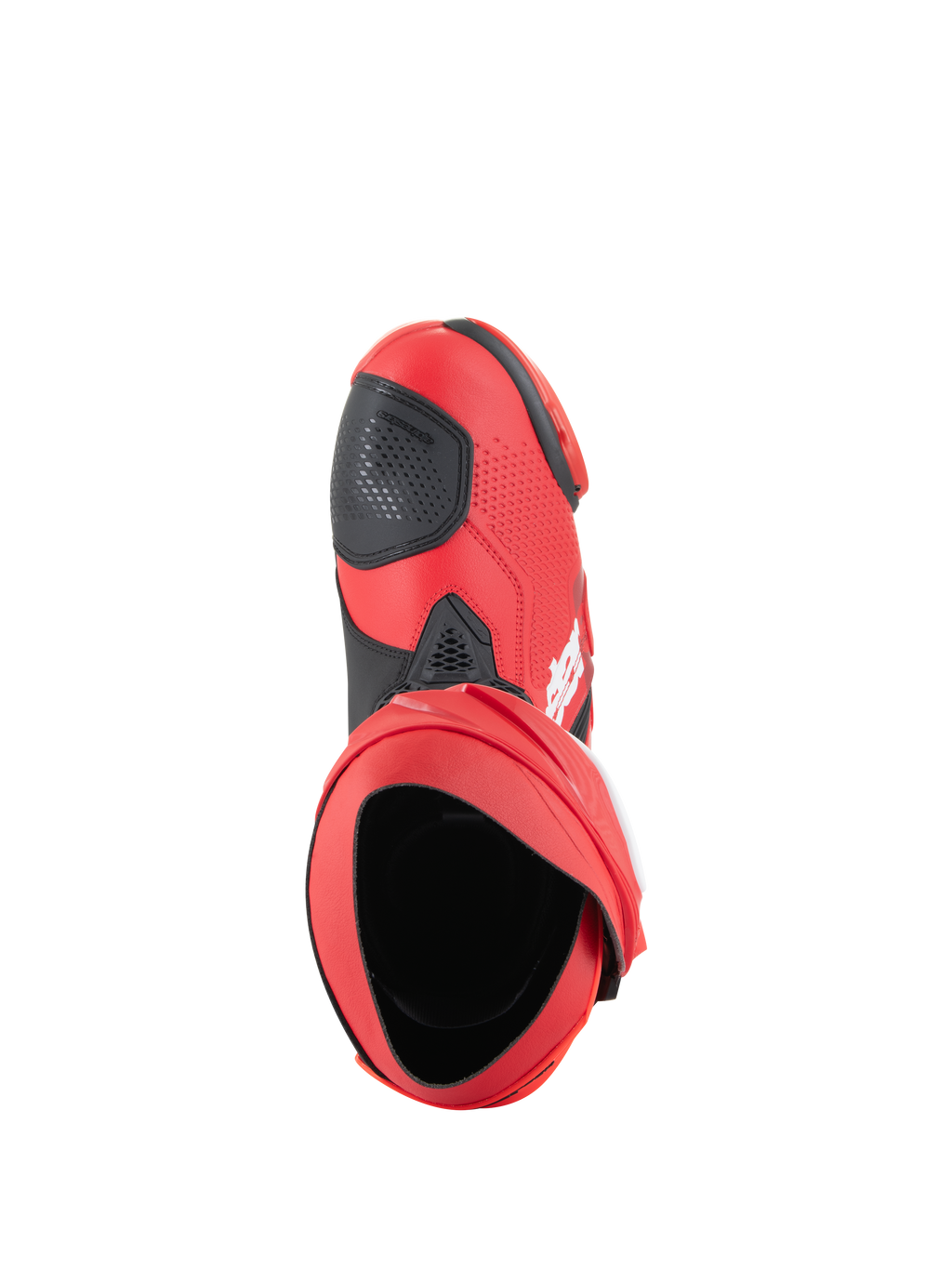Buty Alpinestars Supertech R, motocyklowe buty wyścigowe, jasnoczerwone i czerwone fluo, widok z góry pokazujący otwór wewnętrzny i czarną nakładkę zmiany biegów, smukły, wyczynowy design na tor i drogę