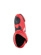 Buty Alpinestars Supertech R, motocyklowe buty wyścigowe, jasnoczerwone i czerwone fluo, widok z góry pokazujący otwór wewnętrzny i czarną nakładkę zmiany biegów, smukły, wyczynowy design na tor i drogę