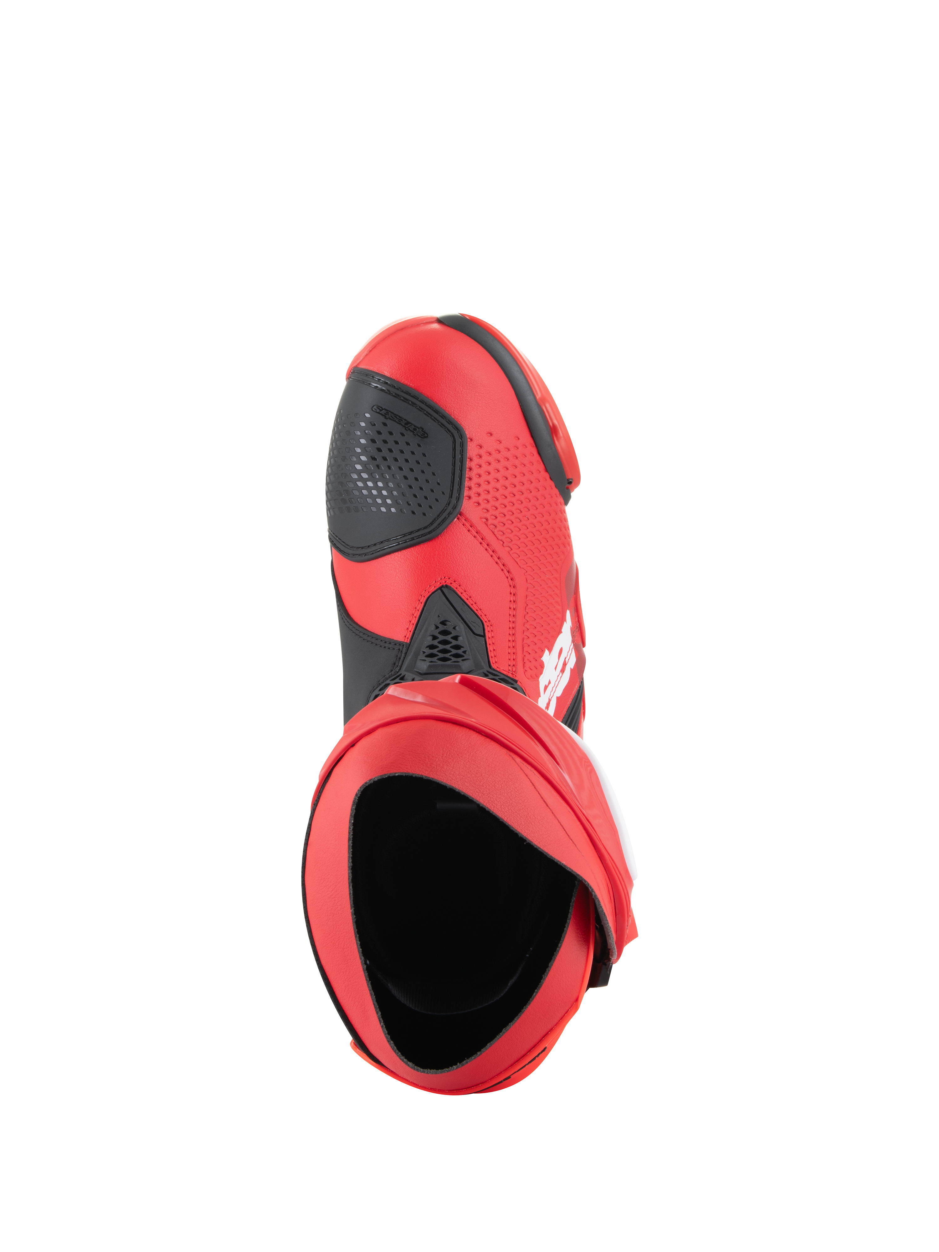 Buty Alpinestars Supertech R, motocyklowe buty wyścigowe, jasnoczerwone i czerwone fluo, widok z góry pokazujący otwór wewnętrzny i czarną nakładkę zmiany biegów, smukły, wyczynowy design na tor i drogę