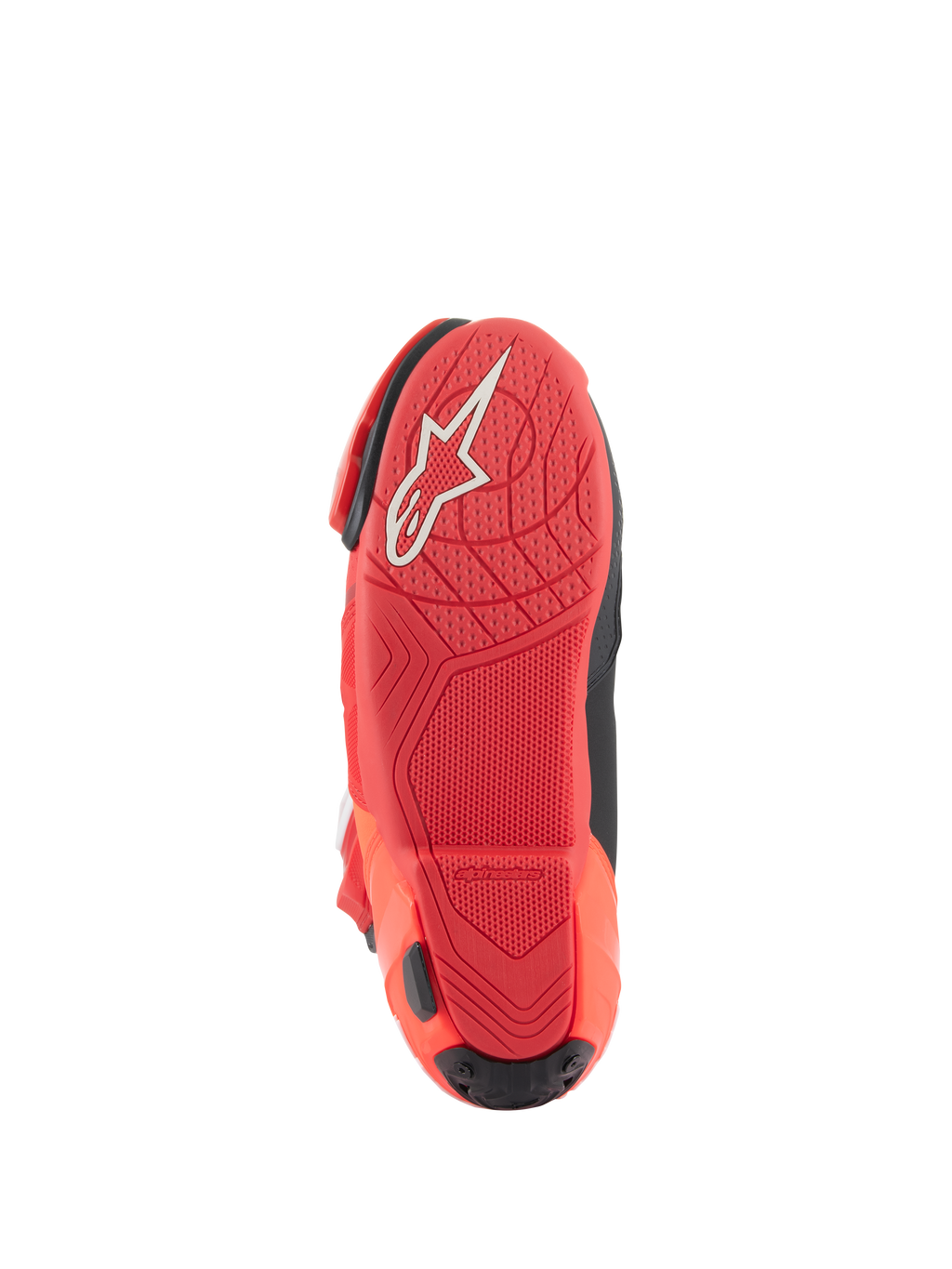 Buty Alpinestars Supertech R, wyścigowe buty motocyklowe, jasnoczerwone Red Fluo, widok podeszwy z teksturowanym wzorem przyczepności i białym logo Alpinestars