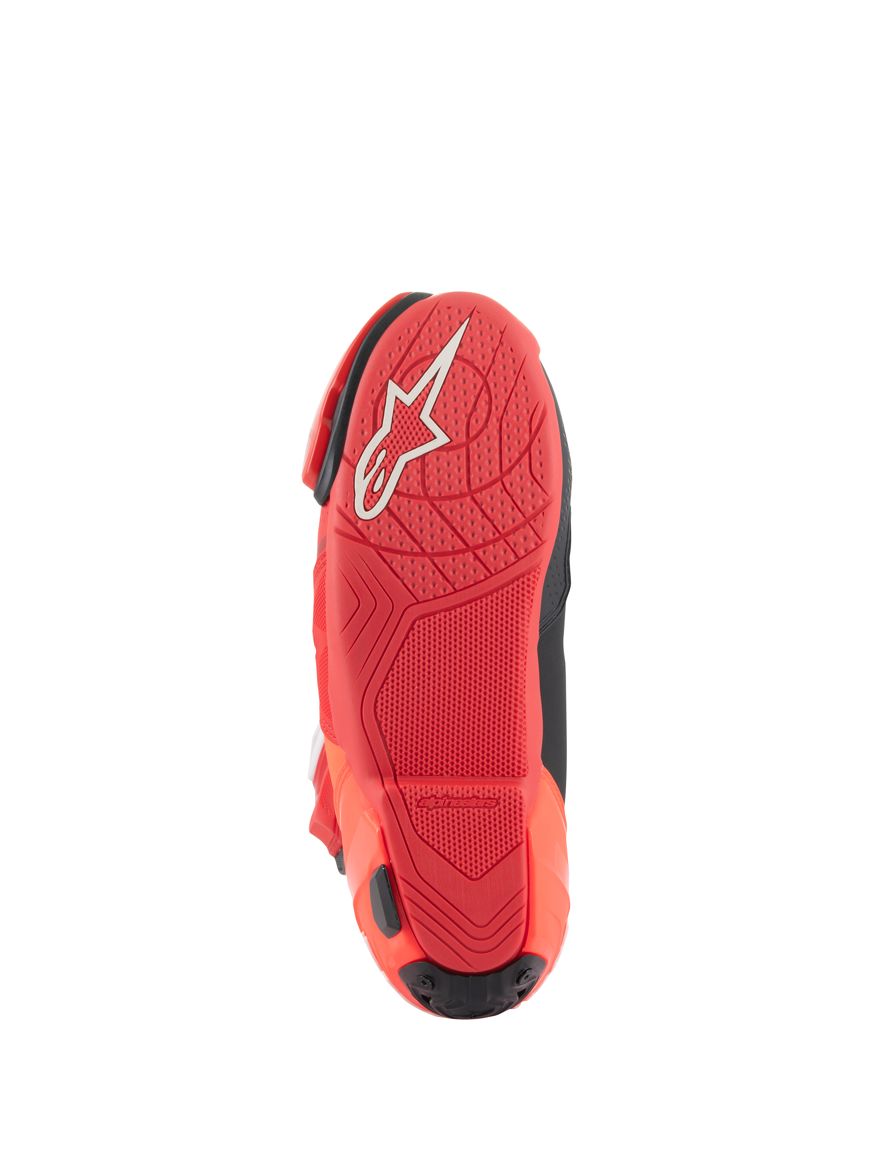 Buty Alpinestars Supertech R, wyścigowe buty motocyklowe, jasnoczerwone Red Fluo, widok podeszwy z teksturowanym wzorem przyczepności i białym logo Alpinestars