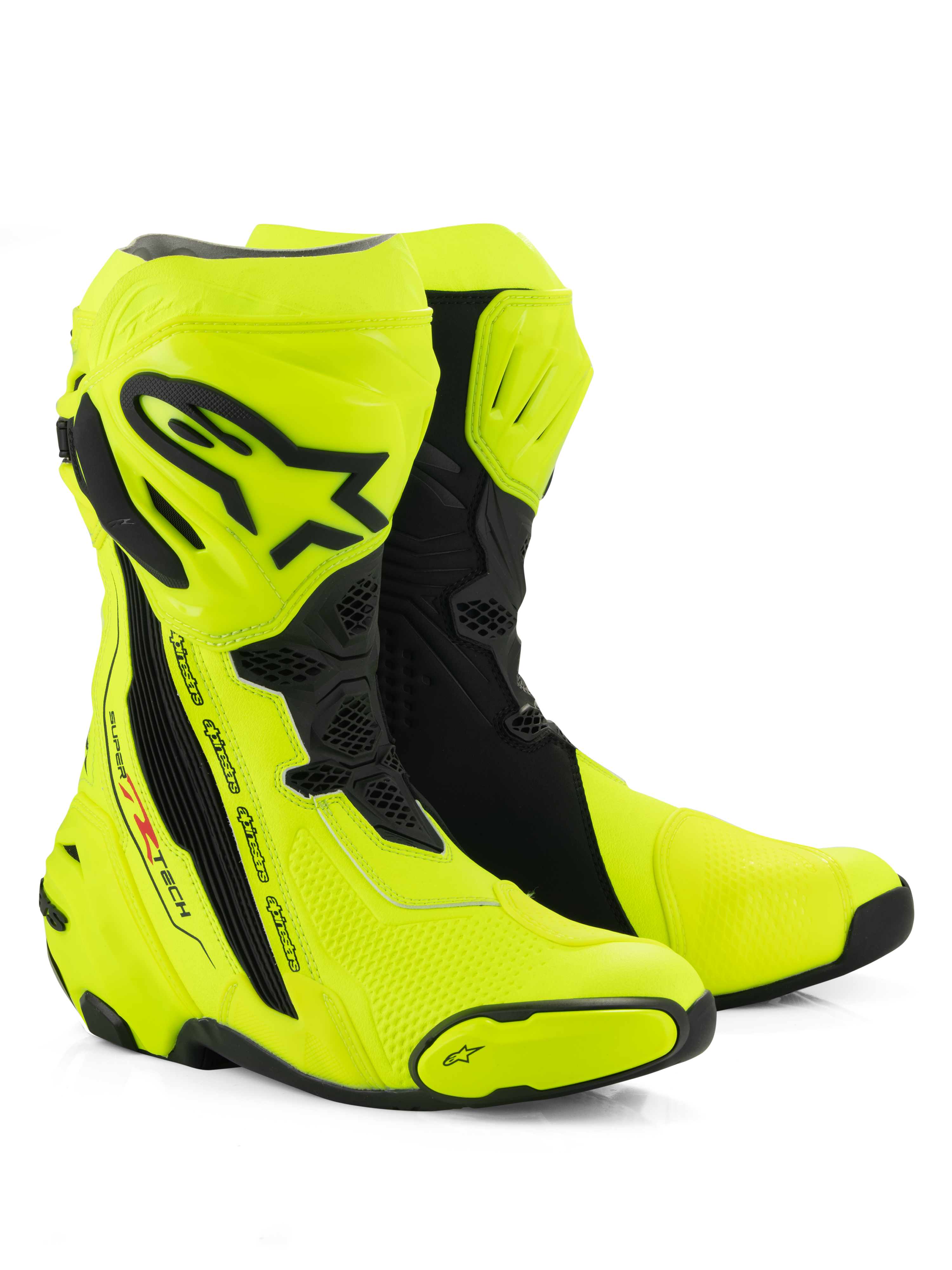 Alpinestars Supertech R Boots, buty motocyklowe wyścigowe, żółte fluo i czarne, z ochronną płytą goleniową z logo Alpinestars, elastycznymi panelami harmonijkowymi i wzmocnionymi sliderami palców, na białym tle