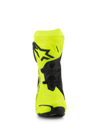 Alpinestars Supertech R Boots, buty motocyklowe wyścigowe, żółte fluo i czarne, widok z przodu pokazujący czarne logo gwiazdy na płycie goleniowej, elastyczne strefy o strukturze plastra miodu oraz aerodynamiczny design do profesjonalnych wyścigów.