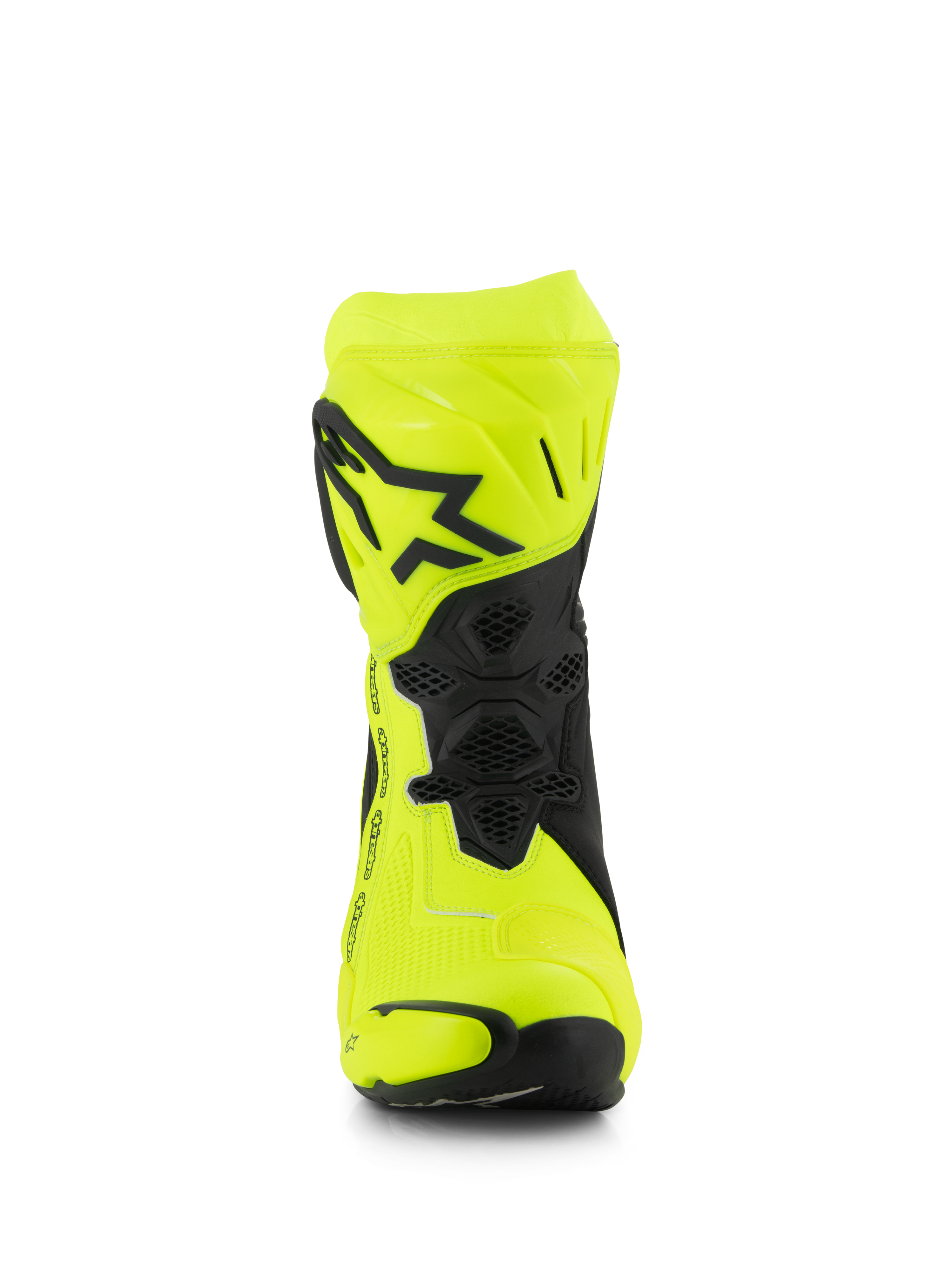 Alpinestars Supertech R Boots, buty motocyklowe wyścigowe, żółte fluo i czarne, widok z przodu pokazujący czarne logo gwiazdy na płycie goleniowej, elastyczne strefy o strukturze plastra miodu oraz aerodynamiczny design do profesjonalnych wyścigów.