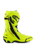 Buty Alpinestars Supertech R, motocyklowe buty wyścigowe, żółty fluo i czarny, widok z boku prezentujący intensywny neonowy żółty z czarnymi płytami ochronnymi, branding Alpinestars na goleni i pięcie, smukły profil aerodynamiczny do jazdy wyczynowej