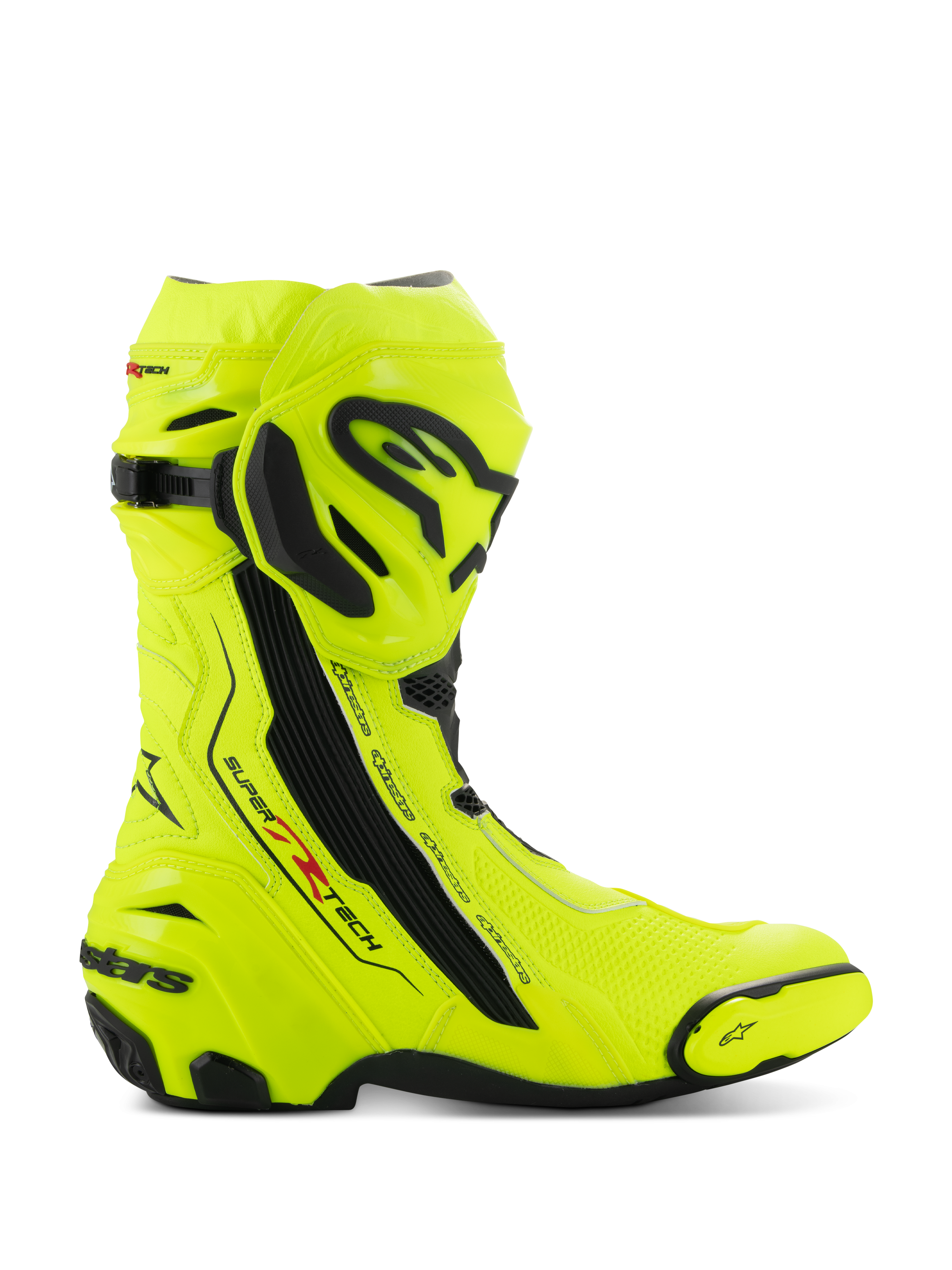Buty Alpinestars Supertech R, motocyklowe buty wyścigowe, żółty fluo i czarny, widok z boku prezentujący intensywny neonowy żółty z czarnymi płytami ochronnymi, branding Alpinestars na goleni i pięcie, smukły profil aerodynamiczny do jazdy wyczynowej