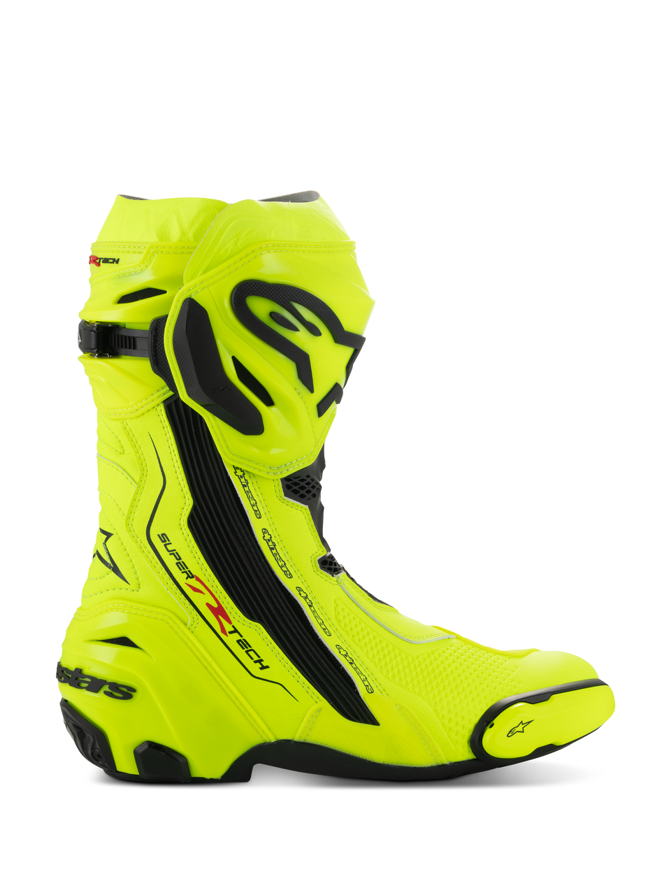 Buty Alpinestars Supertech R, motocyklowe buty wyścigowe, żółty fluo i czarny, widok z boku prezentujący intensywny neonowy żółty z czarnymi płytami ochronnymi, branding Alpinestars na goleni i pięcie, smukły profil aerodynamiczny do jazdy wyczynowej