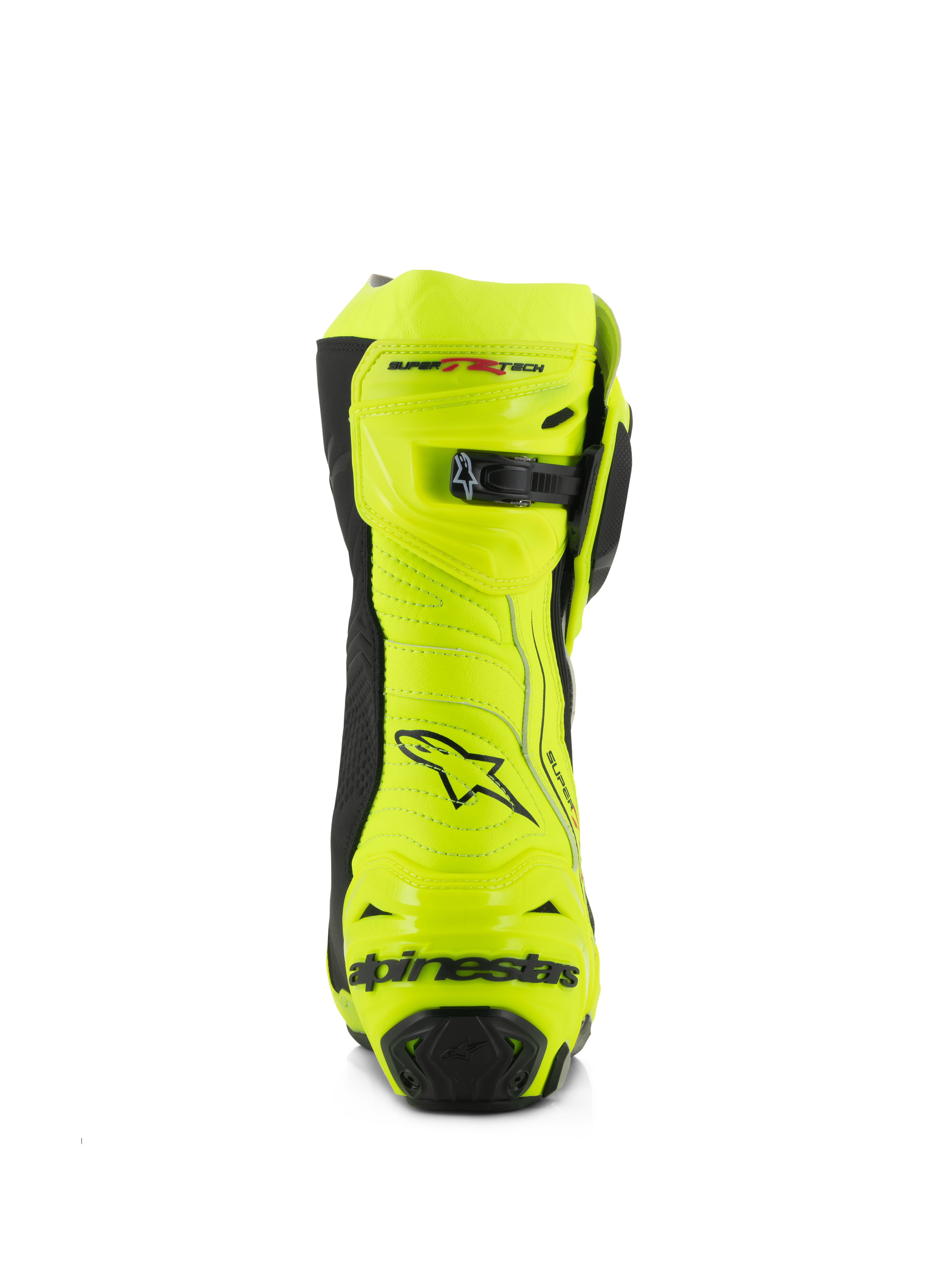Buty Alpinestars Supertech R, wyścigowe buty motocyklowe, żółty fluo i czarny, widok z tyłu przedstawiający wzmocniony ochraniacz pięty, regulowane zapięcie łydki i wyraźne logo, fluorescencyjne wykończenie o wysokiej widoczności dla wydajności na torze i drodze