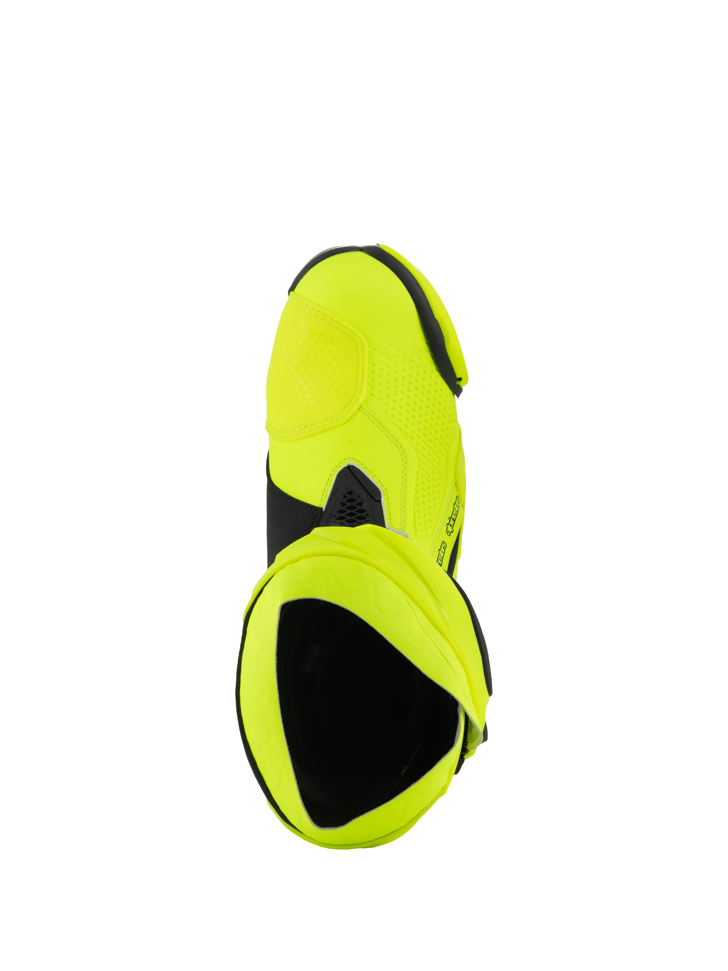 Buty Alpinestars Supertech R, motocyklowe buty wyścigowe, żółte neonowe i czarne, widok z góry do wnętrza buta, jaskrawożółte wykończenie z czarnymi akcentami i detalami kołnierza
