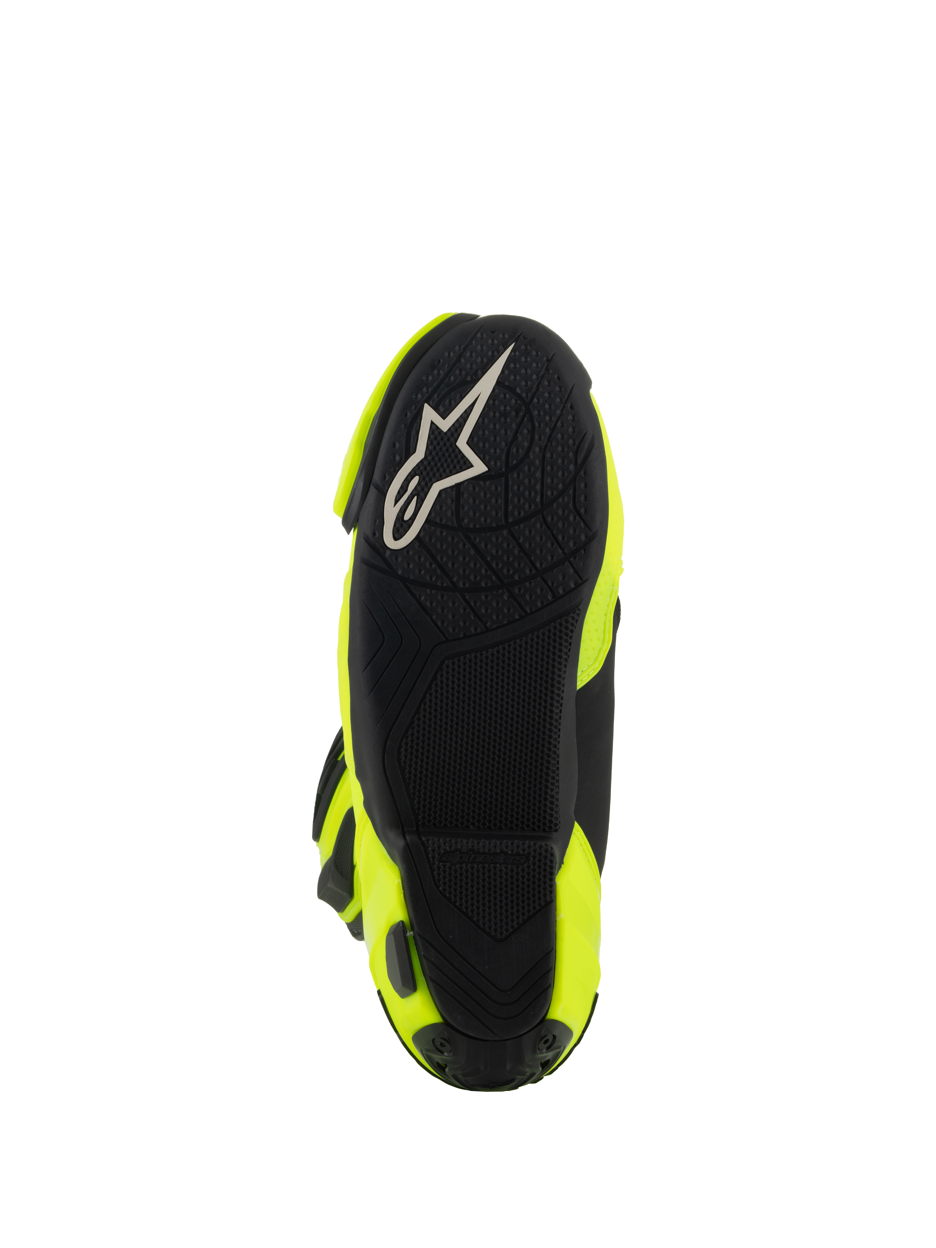 Alpinestars Supertech R Boots, motocyklowe buty wyścigowe, żółte neonowe i czarne, widok od spodu pokazujący czarną teksturowaną podeszwę z białym logo Alpinestars i jaskrawożółte panele boczne