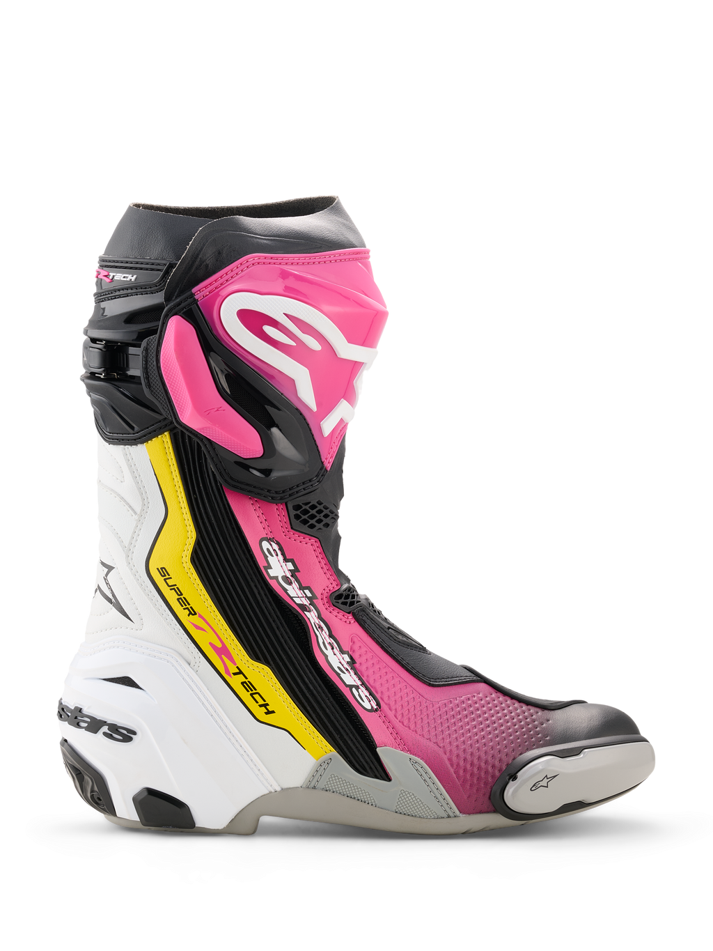 Buty Alpinestars Supertech R, wysokiej klasy wyścigowe buty motocyklowe w kolorach czarnym, magenta, białym i żółtym fluo, profil boczny z ochroną TPU, wymiennym ślizgaczem palców i ergonomicznym designem wyścigowym.