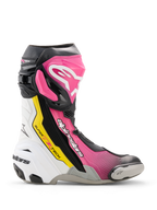 Buty Alpinestars Supertech R, wysokiej klasy wyścigowe buty motocyklowe w kolorach czarnym, magenta, białym i żółtym fluo, profil boczny z ochroną TPU, wymiennym ślizgaczem palców i ergonomicznym designem wyścigowym.