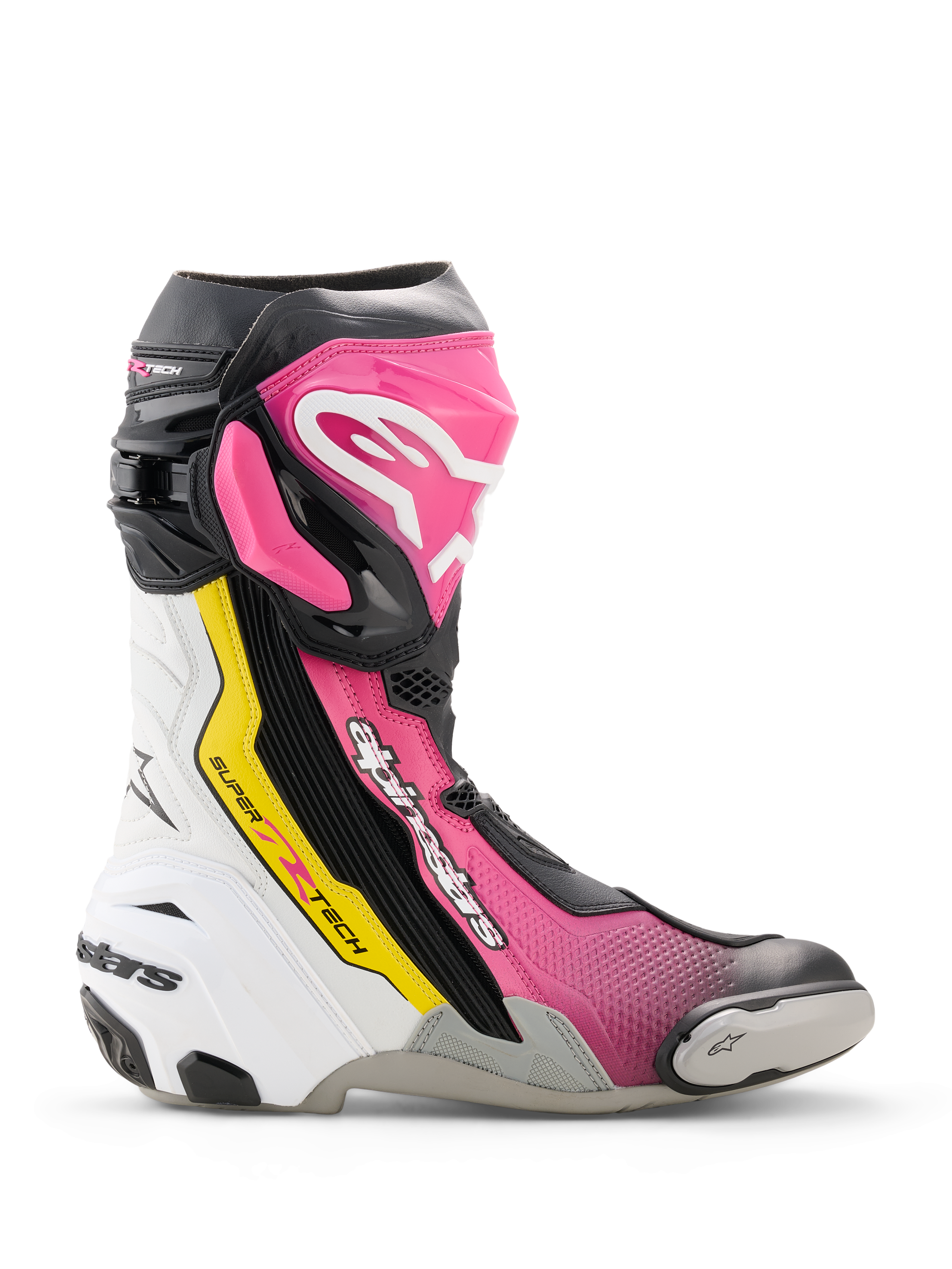 Buty Alpinestars Supertech R, wysokiej klasy wyścigowe buty motocyklowe w kolorach czarnym, magenta, białym i żółtym fluo, profil boczny z ochroną TPU, wymiennym ślizgaczem palców i ergonomicznym designem wyścigowym.