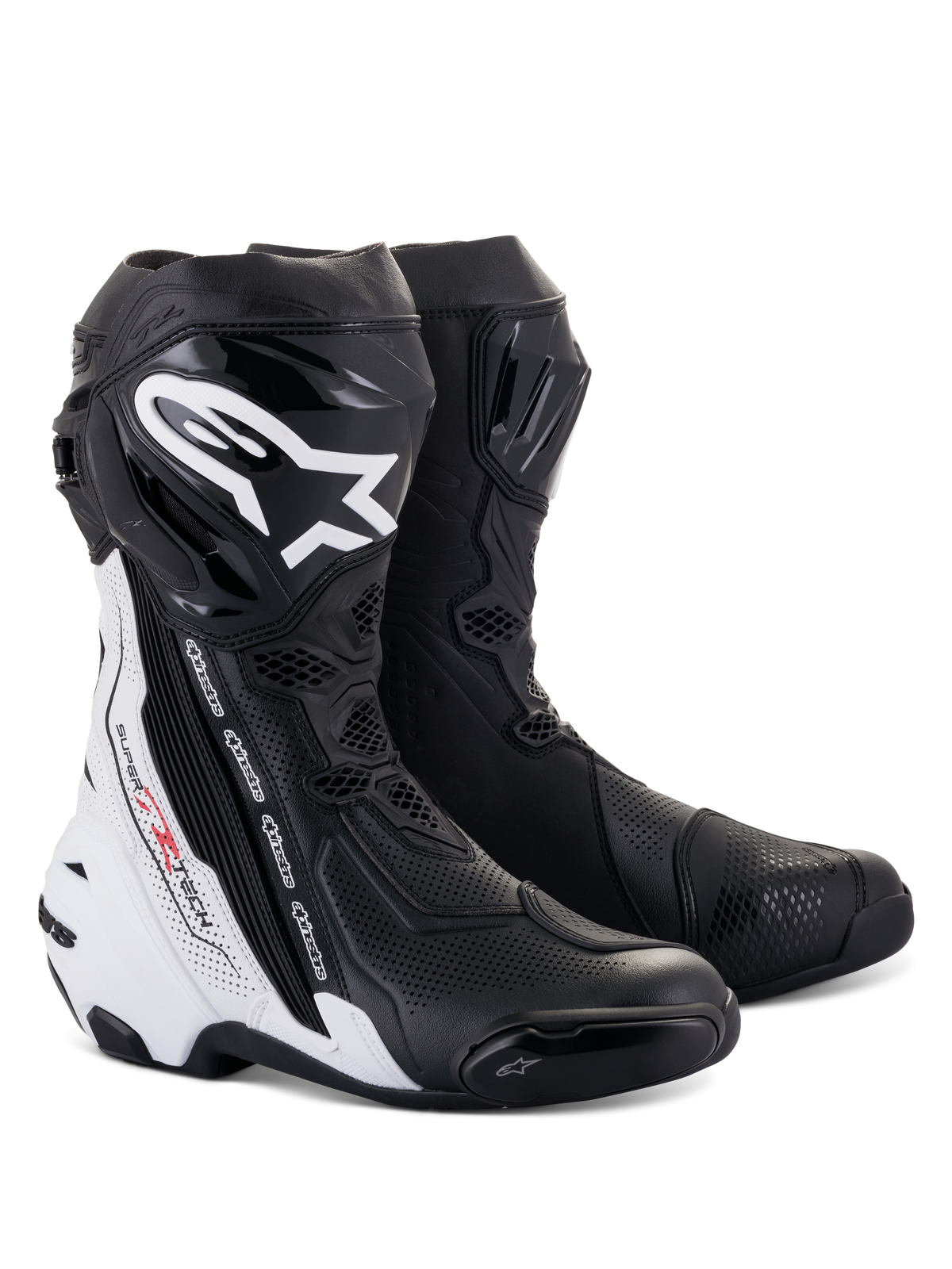 Alpinestars Supertech R Vented Boots, wyścigowe buty motocyklowe, czarno-białe, z licznymi perforacjami zapewniającymi wentylację, wyraźnym białym logo na goleni, ochraniaczami TPU i smukłym, aerodynamicznym designem dla wydajności na torze.