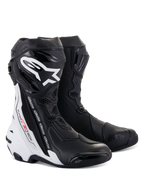 Alpinestars Supertech R Vented Boots, wyścigowe buty motocyklowe, czarno-białe, z licznymi perforacjami zapewniającymi wentylację, wyraźnym białym logo na goleni, ochraniaczami TPU i smukłym, aerodynamicznym designem dla wydajności na torze.