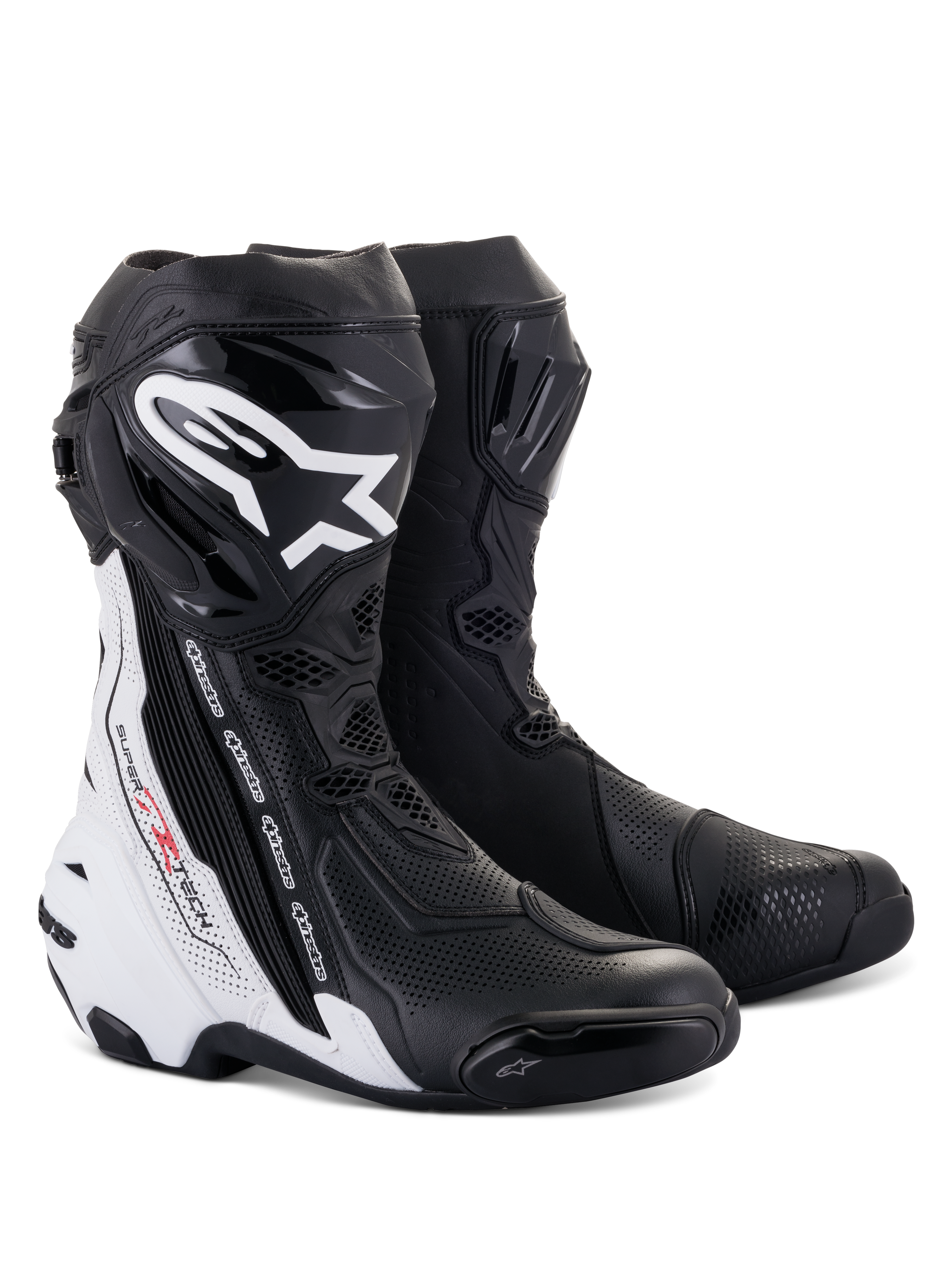 Alpinestars Supertech R Vented Boots, wyścigowe buty motocyklowe, czarno-białe, z licznymi perforacjami zapewniającymi wentylację, wyraźnym białym logo na goleni, ochraniaczami TPU i smukłym, aerodynamicznym designem dla wydajności na torze.