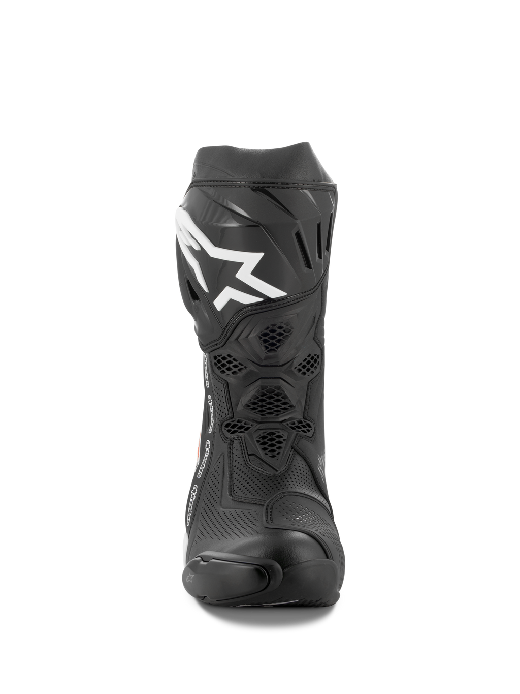 Alpinestars Supertech R Vented Boots, motocyklowe buty wyścigowe, czarno-białe, widok z przodu pokazujący perforowaną konstrukcję z mikrofibry, białe logo Alpinestars na płytce goleniowej i wytrzymałą ochronę TPU