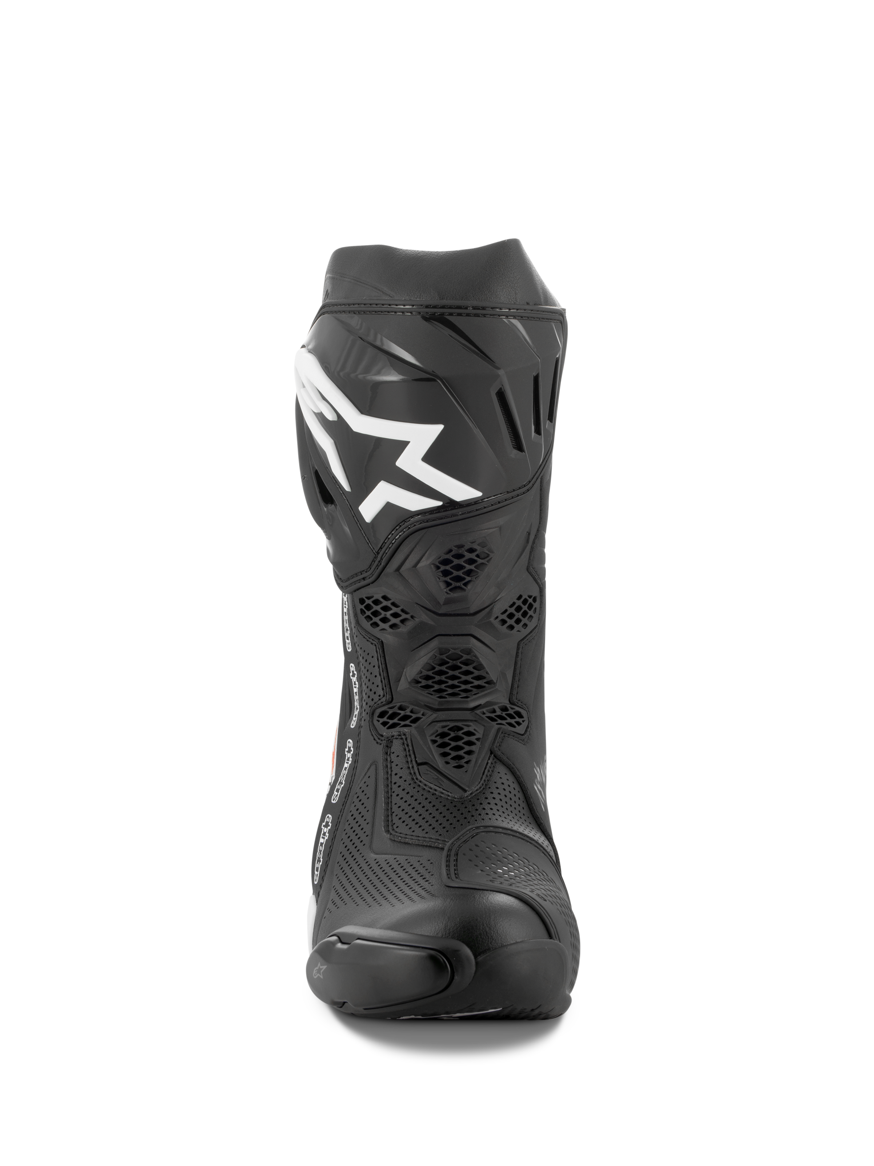 Alpinestars Supertech R Vented Boots, motocyklowe buty wyścigowe, czarno-białe, widok z przodu pokazujący perforowaną konstrukcję z mikrofibry, białe logo Alpinestars na płytce goleniowej i wytrzymałą ochronę TPU