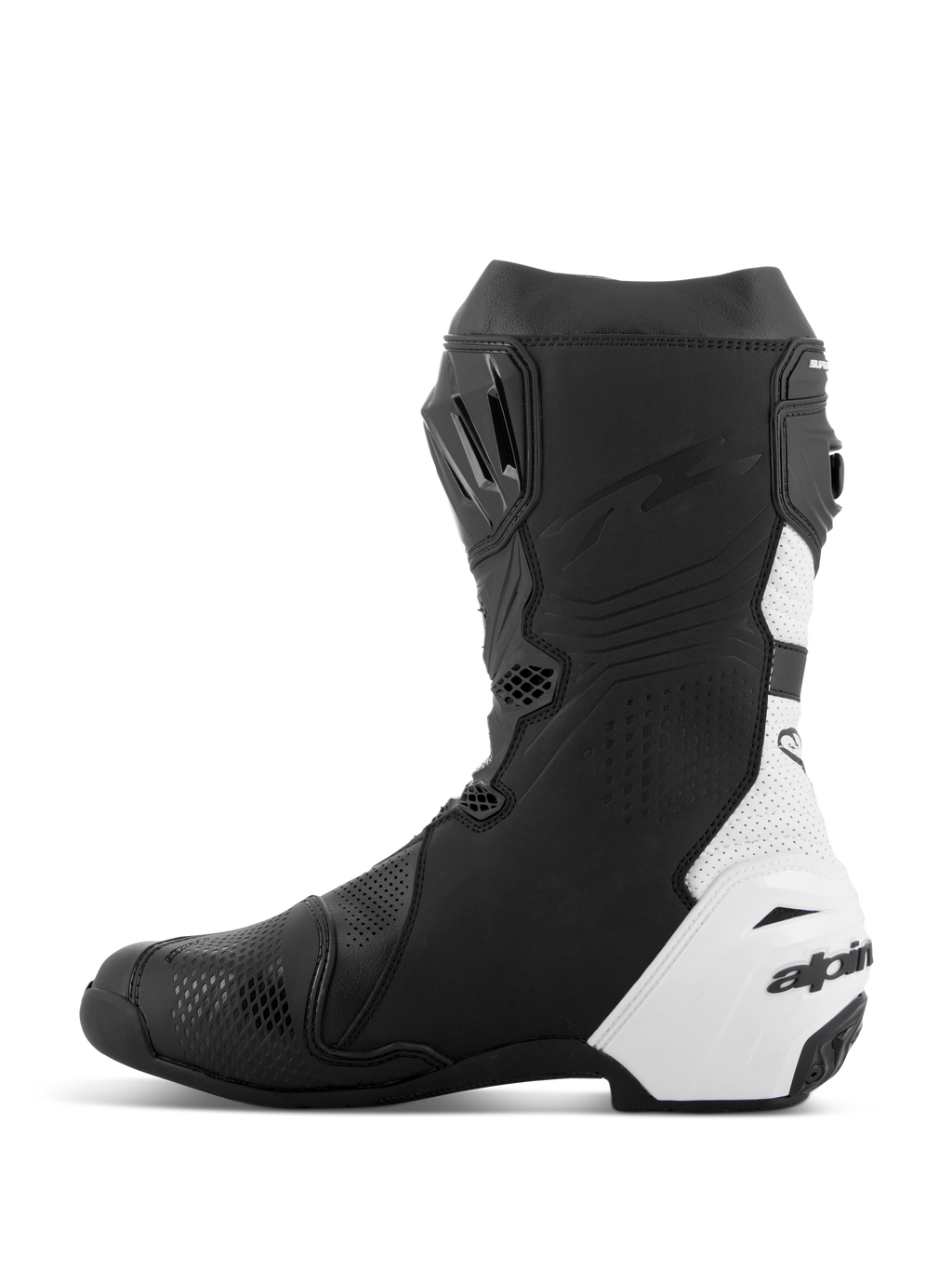Alpinestars Supertech R Vented Boots, wyścigowe buty motocyklowe, czarno-białe, widok od strony przyśrodkowej, liczne perforacje dla przepływu powietrza, białe panele z syntetycznej mikrofibry, wzmocnienia TPU i smukły profil aerodynamiczny do wyścigów torowych