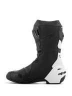 Alpinestars Supertech R Vented Boots, wyścigowe buty motocyklowe, czarno-białe, widok od strony przyśrodkowej, liczne perforacje dla przepływu powietrza, białe panele z syntetycznej mikrofibry, wzmocnienia TPU i smukły profil aerodynamiczny do wyścigów torowych
