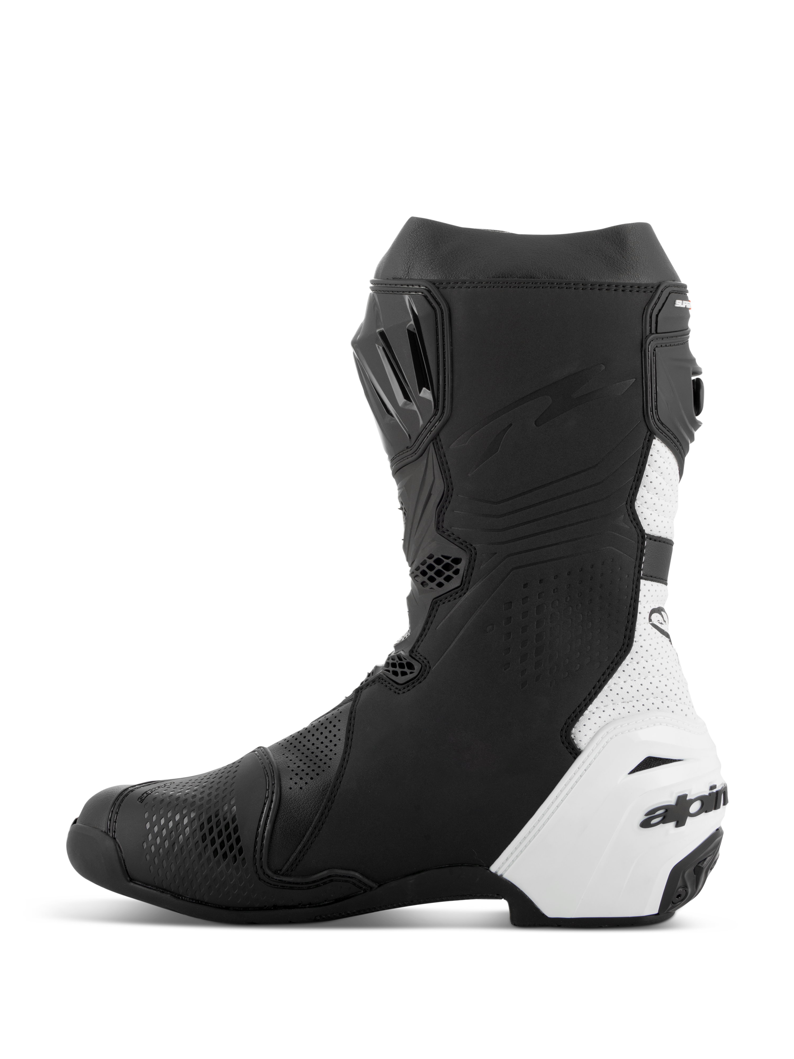 Alpinestars Supertech R Vented Boots, wyścigowe buty motocyklowe, czarno-białe, widok od strony przyśrodkowej, liczne perforacje dla przepływu powietrza, białe panele z syntetycznej mikrofibry, wzmocnienia TPU i smukły profil aerodynamiczny do wyścigów torowych