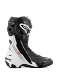 Alpinestars Supertech R Vented Boots, buty motocyklowe wyścigowe, czarno-białe z czerwonymi akcentami, profil boczny z licznymi perforacjami dla oddychalności, duże białe logo na goleni, ochronne slidery TPU