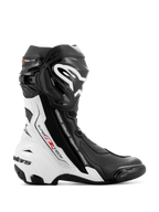Alpinestars Supertech R Vented Boots, buty motocyklowe wyścigowe, czarno-białe z czerwonymi akcentami, profil boczny z licznymi perforacjami dla oddychalności, duże białe logo na goleni, ochronne slidery TPU
