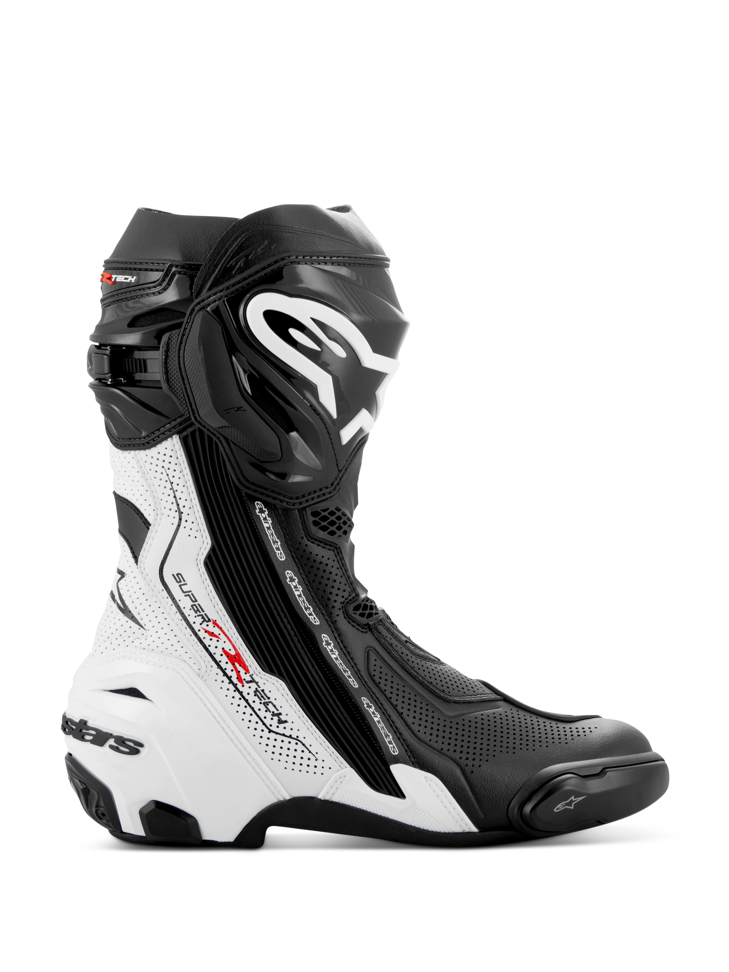 Alpinestars Supertech R Vented Boots, buty motocyklowe wyścigowe, czarno-białe z czerwonymi akcentami, profil boczny z licznymi perforacjami dla oddychalności, duże białe logo na goleni, ochronne slidery TPU
