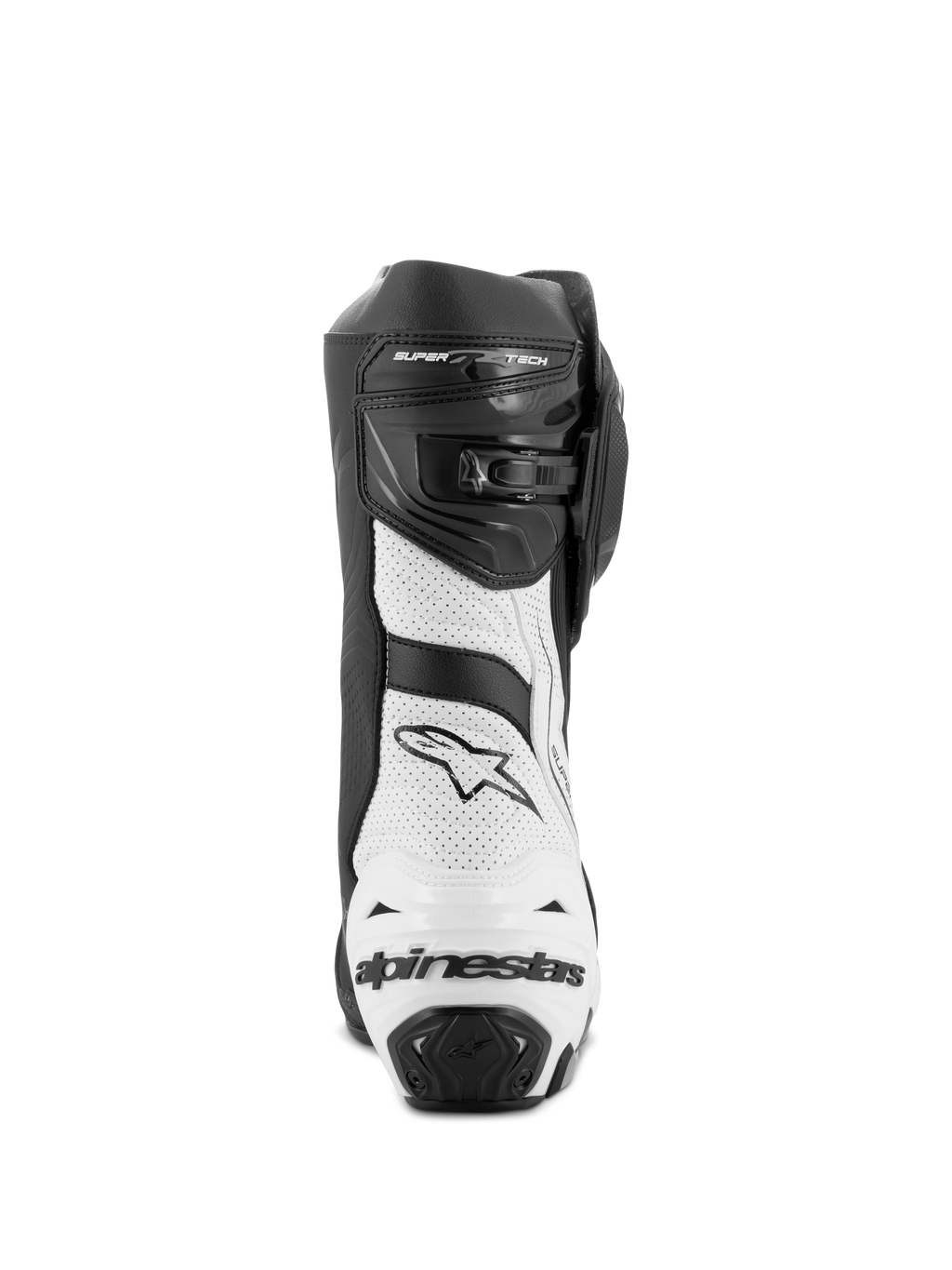 Buty Alpinestars Supertech R Vented, motocyklowe buty wyścigowe, czarno-białe, widok z tyłu przedstawiający białe panele z perforowanej mikrofibry, czarny ochraniacz pięty z TPU z logo Alpinestars oraz regulowany system zapięcia