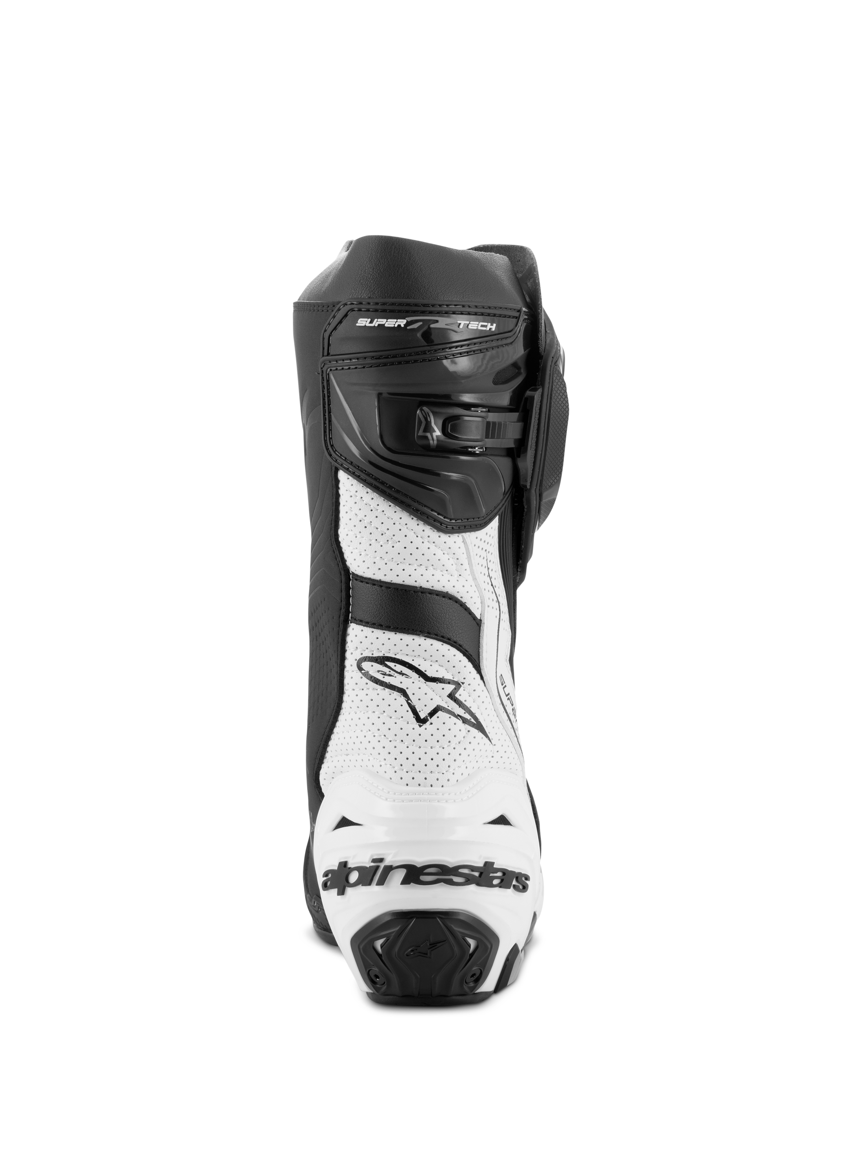Buty Alpinestars Supertech R Vented, motocyklowe buty wyścigowe, czarno-białe, widok z tyłu przedstawiający białe panele z perforowanej mikrofibry, czarny ochraniacz pięty z TPU z logo Alpinestars oraz regulowany system zapięcia