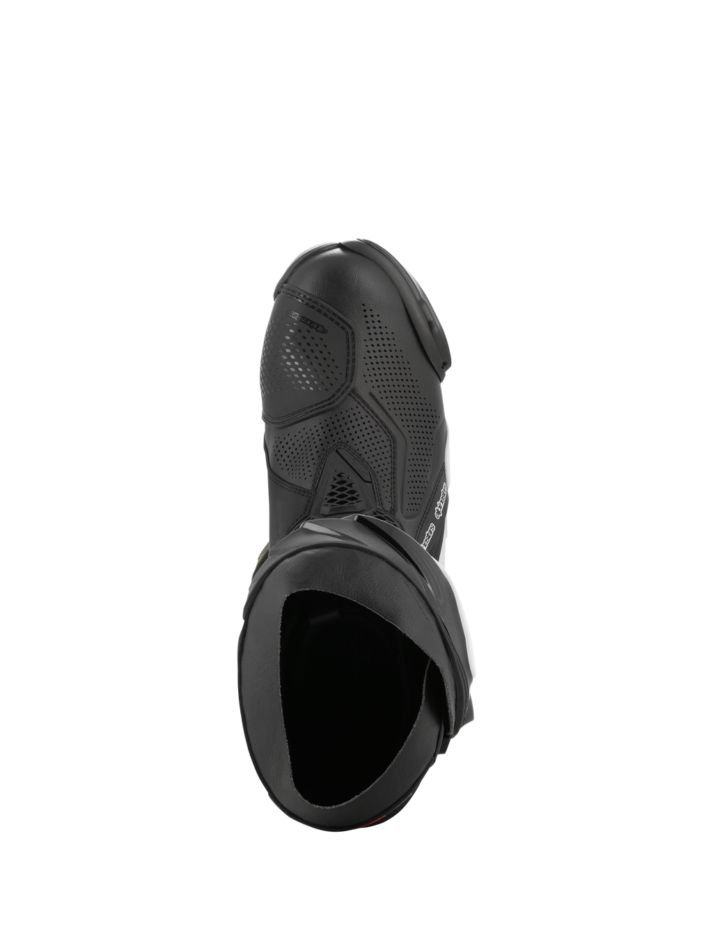 Buty Alpinestars Supertech R Vented, czarno-białe, widok z góry prezentujący perforowaną konstrukcję zapewniającą przepływ powietrza, osłonę zmiany biegów z TPU i ergonomiczny otwór, profesjonalne buty motocyklowe wyścigowe