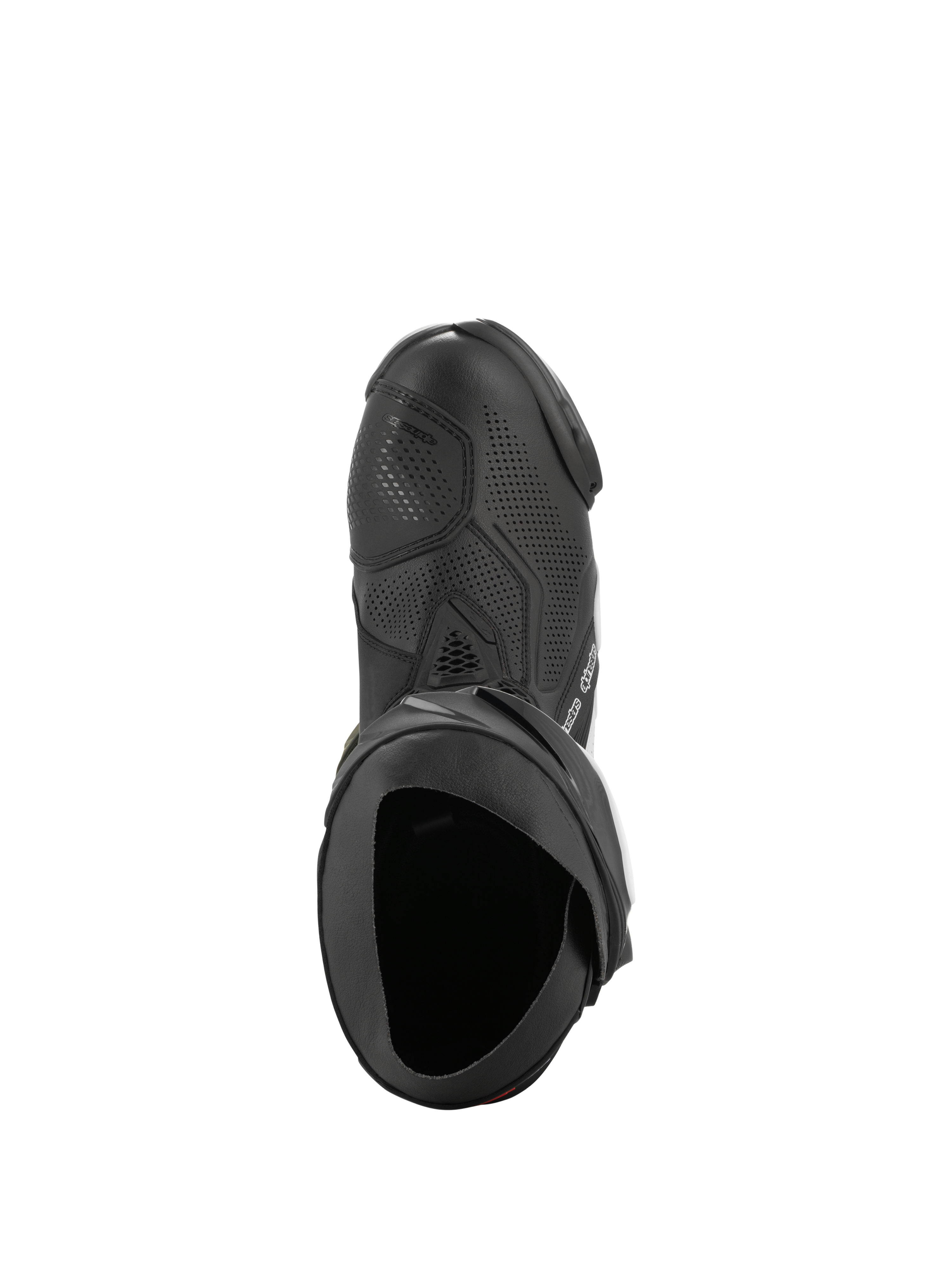 Buty Alpinestars Supertech R Vented, czarno-białe, widok z góry prezentujący perforowaną konstrukcję zapewniającą przepływ powietrza, osłonę zmiany biegów z TPU i ergonomiczny otwór, profesjonalne buty motocyklowe wyścigowe