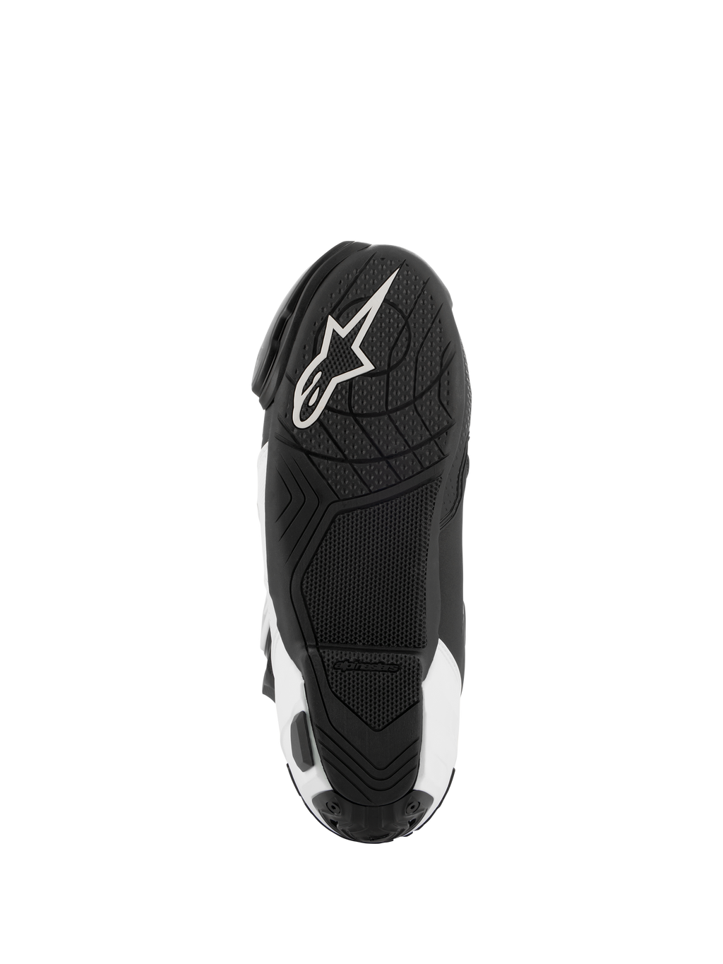 Alpinestars Supertech R Vented Boots, motocyklowe buty wyścigowe, czarno-białe, widok podeszwy od dołu z teksturowaną gumową strukturą i białym logo Alpinestars