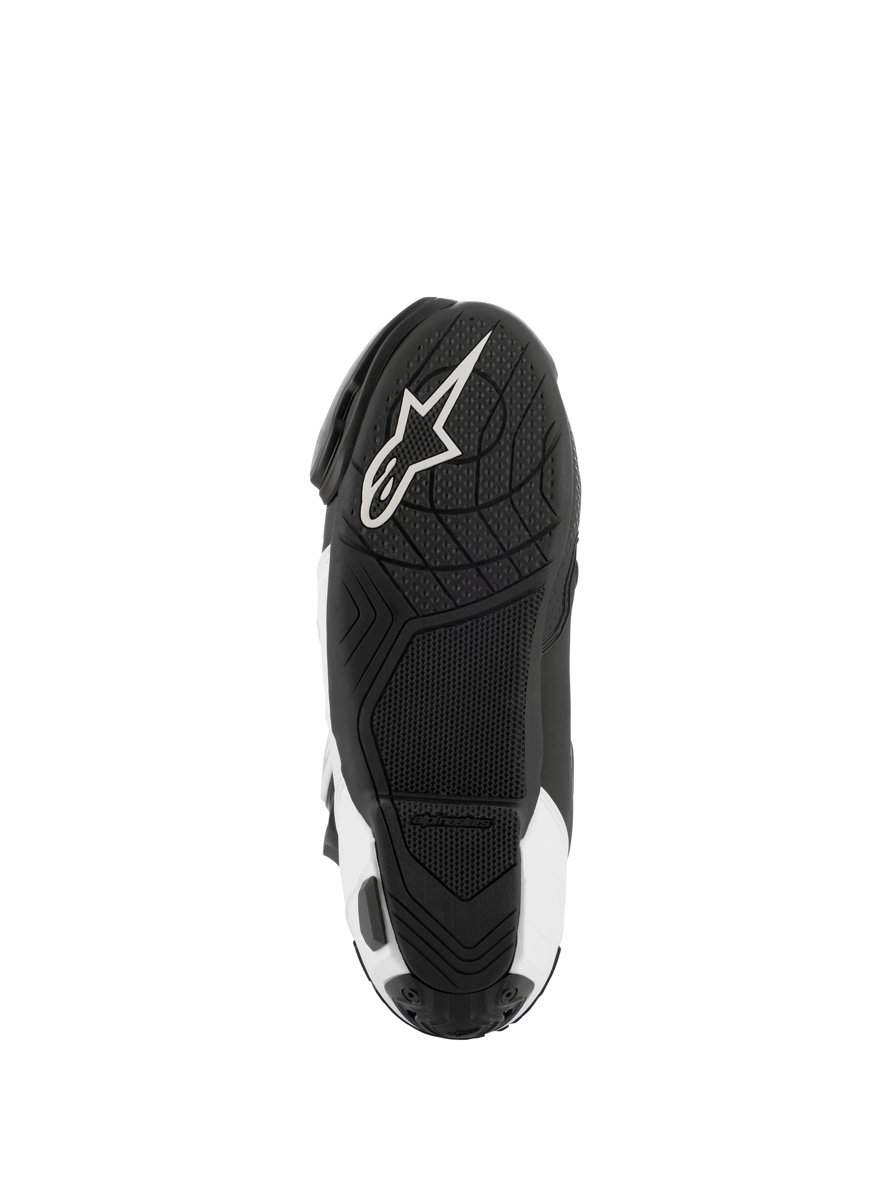Alpinestars Supertech R Vented Boots, motocyklowe buty wyścigowe, czarno-białe, widok podeszwy od dołu z teksturowaną gumową strukturą i białym logo Alpinestars