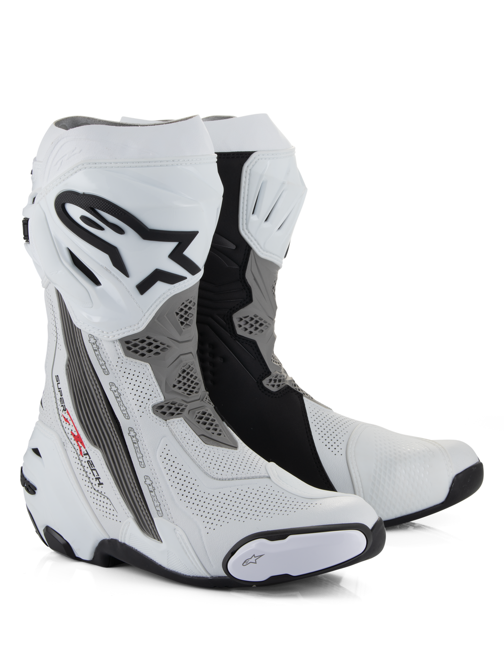 Alpinestars Supertech R Vented Boots, wyścigowe buty motocyklowe, białe, szare i czarne, perforowana konstrukcja z mikrofibry zapewniająca przepływ powietrza, płyta goleniowa TPU z logo Alpinestars, wymienne ślizgacze, profesjonalny design gotowy na tor