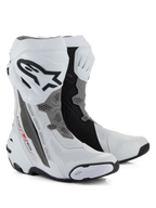 Alpinestars Supertech R Vented Boots, wyścigowe buty motocyklowe, białe, szare i czarne, perforowana konstrukcja z mikrofibry zapewniająca przepływ powietrza, płyta goleniowa TPU z logo Alpinestars, wymienne ślizgacze, profesjonalny design gotowy na tor