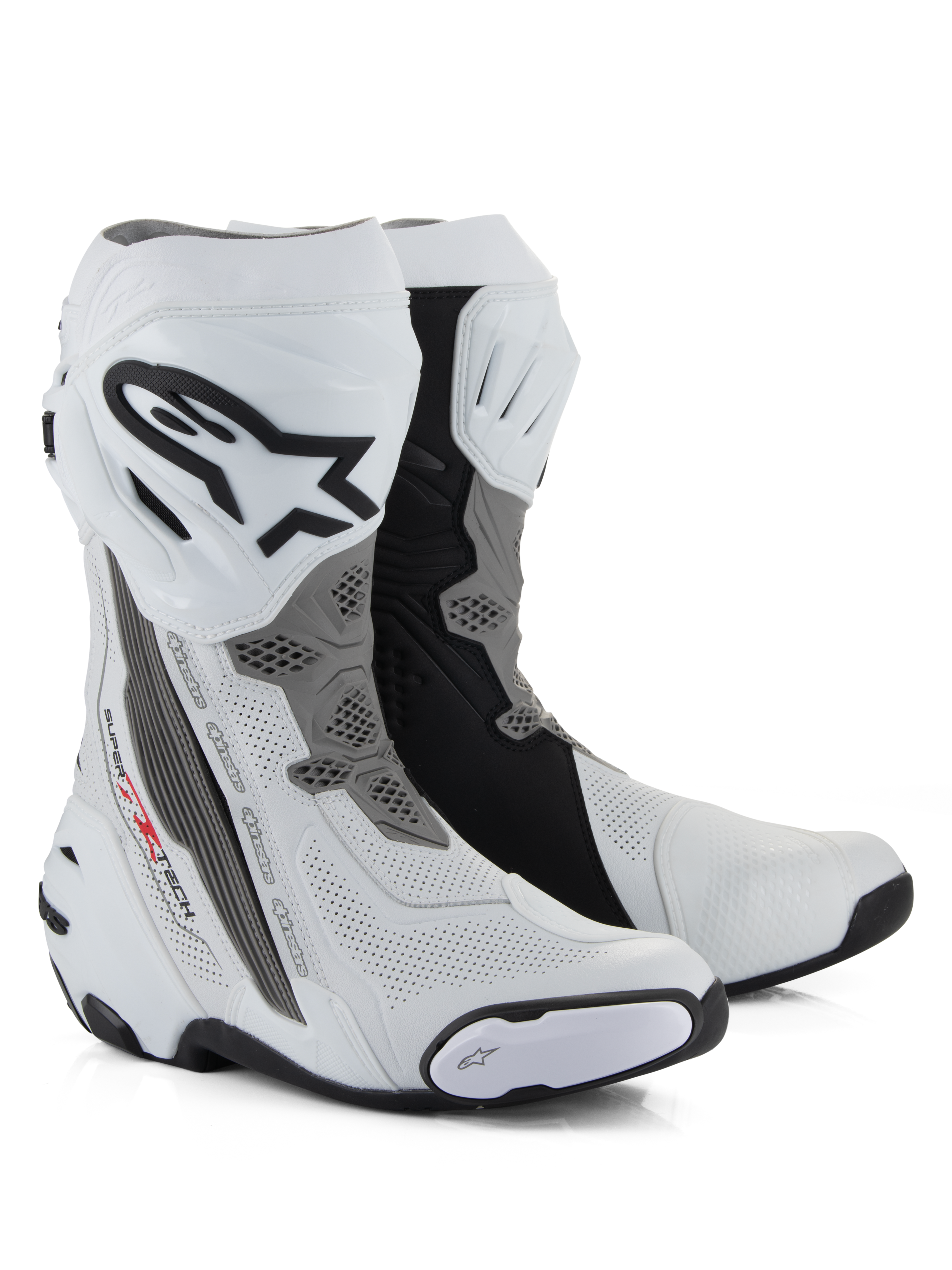 Alpinestars Supertech R Vented Boots, wyścigowe buty motocyklowe, białe, szare i czarne, perforowana konstrukcja z mikrofibry zapewniająca przepływ powietrza, płyta goleniowa TPU z logo Alpinestars, wymienne ślizgacze, profesjonalny design gotowy na tor