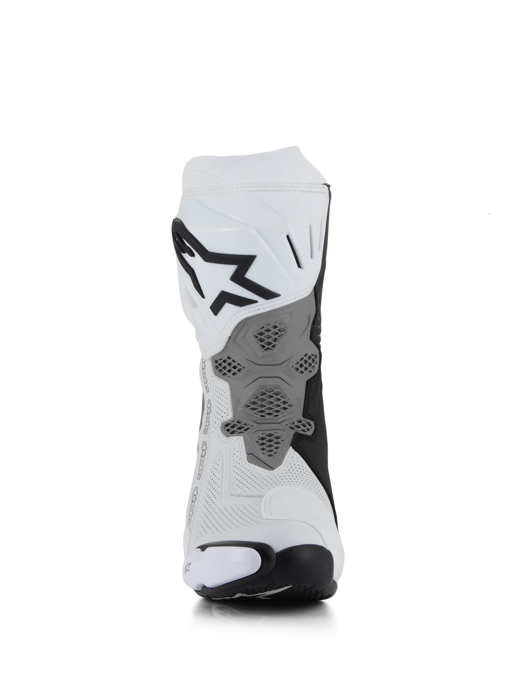 Alpinestars Supertech R Vented Boots, biało-szaro-czarne, widok z tyłu ukazujący perforowaną konstrukcję z mikrofibry, przeprojektowana szara płyta pięty o strukturze plastra miodu, wyraźne czarne logo na górnej części łydki, profesjonalne obuwie motocyklowe wyścigowe i sportowe