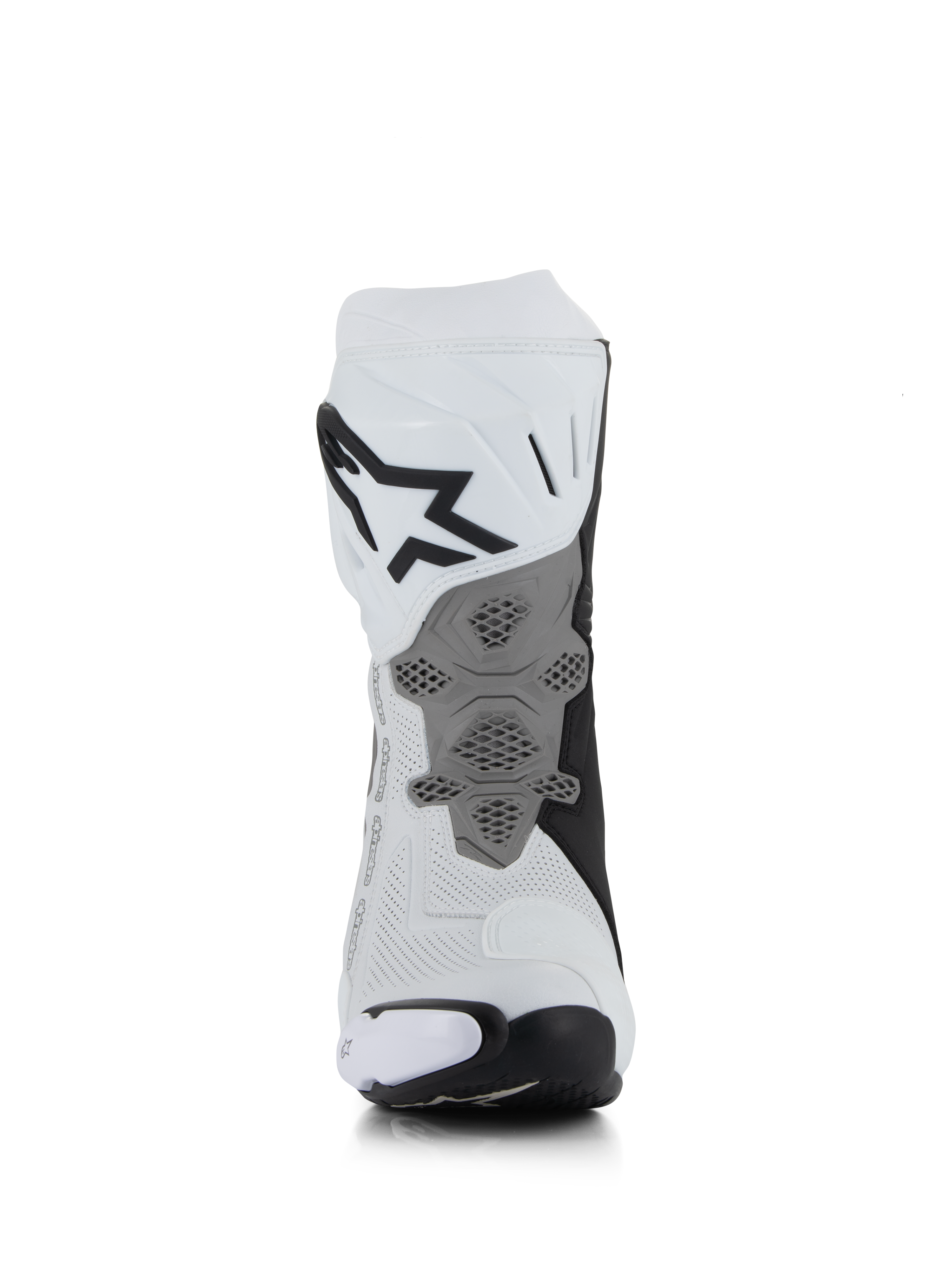 Alpinestars Supertech R Vented Boots, biało-szaro-czarne, widok z tyłu ukazujący perforowaną konstrukcję z mikrofibry, przeprojektowana szara płyta pięty o strukturze plastra miodu, wyraźne czarne logo na górnej części łydki, profesjonalne obuwie motocyklowe wyścigowe i sportowe