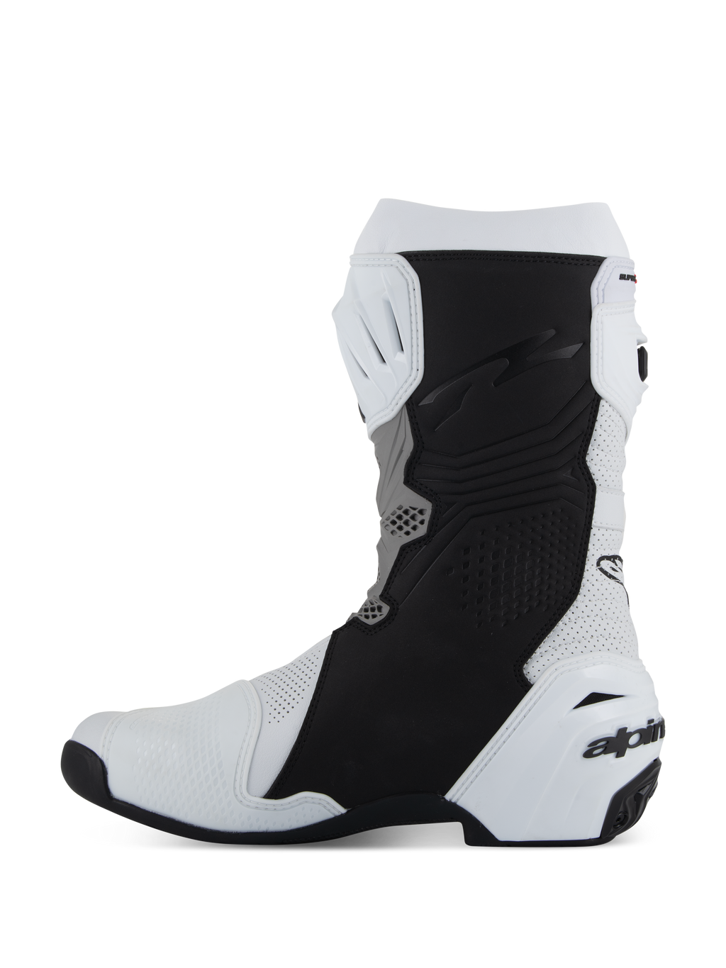 Buty Alpinestars Supertech R Vented, sportowe obuwie motocyklowe, białe, średnioszare i czarne, widok z profilu od strony wewnętrznej z perforowaną mikrofibrą dla przepływu powietrza, czarnymi ochronnymi panelami przyczepnymi i białym ochraniaczem pięty TPU z logo
